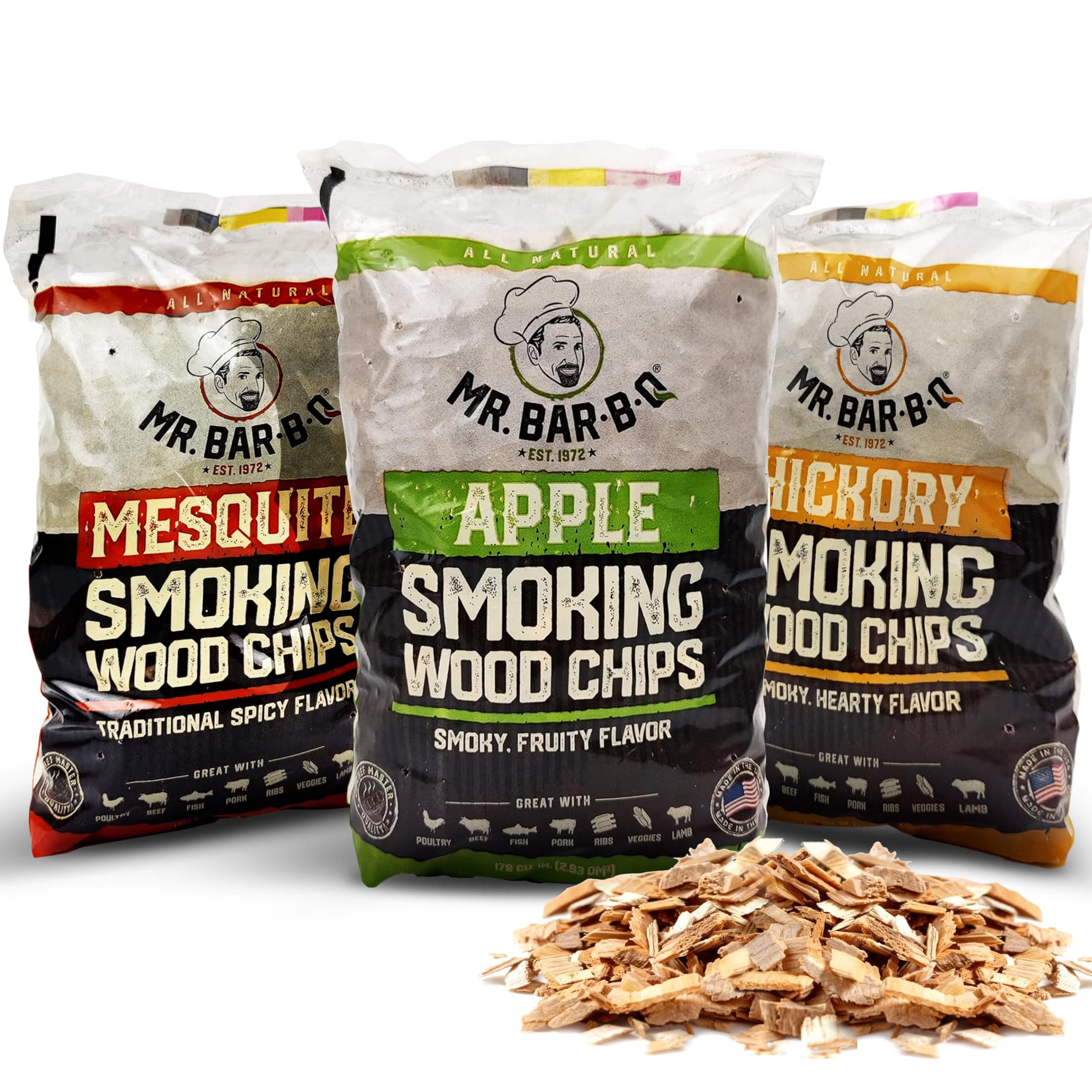 Wood Smoker Chips Bundle of 3 Flavors - Apple, Mesquite & Hickory Wood Chips by Mr. Bar-B-Q, Can be Used on Gas & Charcoal Grill, Variety of Flavors for Smokers, Grilling, BBQ, Camping(3 x 1.6 Lb Bag)