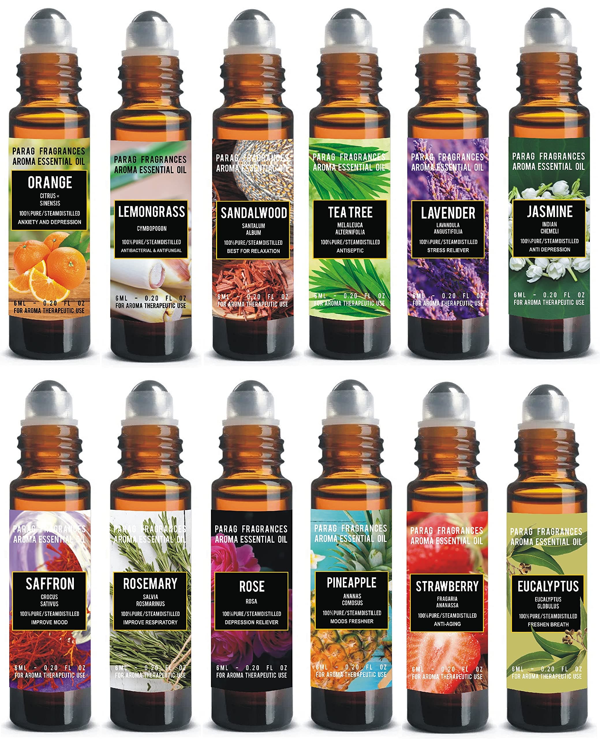 Essential Oils Set of Lavender, Tea Tree, Rosemary, Pineapple, Jasmine, Strawberry, Eucalyptus, Rose, Lemongrass, Sandalwood, Orange & Saffron