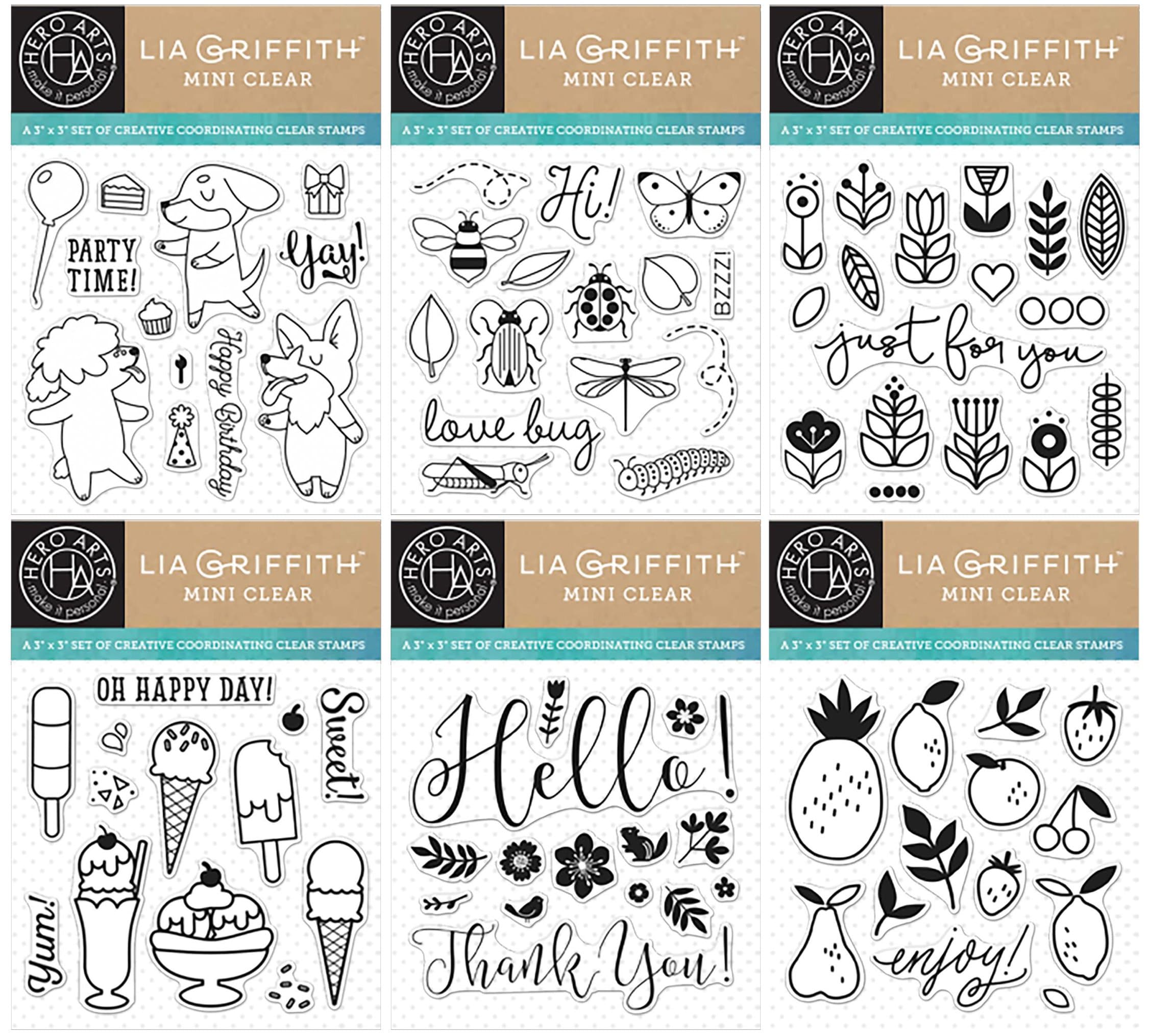 Hero Arts - Lia Griffith - 3 x 3 Stamps - Spring Hello, Love Bugs, Enjoy Fruit, Party Time, Just for You, Oh Happy Day - 6 set bundle
