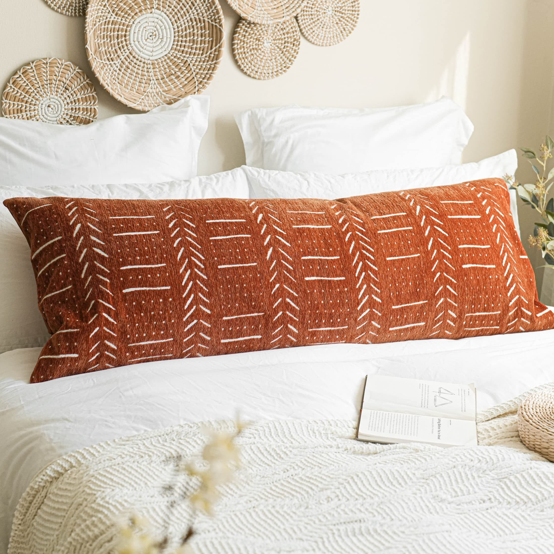 BlissBlush Decorative Boho Body Pillow Cover 20x54, Brick Red Soft Oversized Long Lumbar Pillow, Boho Textured Oversize Body Pillow, Cover ONLY