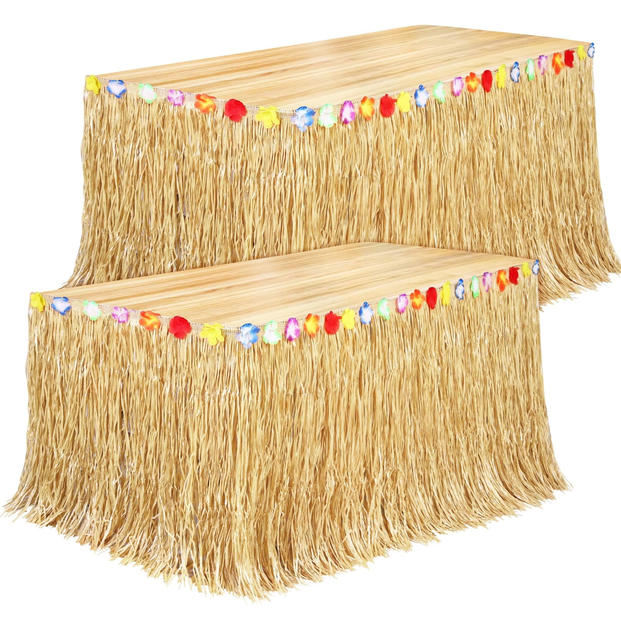 Fovths 2 Pack Luau Grass Table Skirt Natural 9 Feet x 29.5 Inch Hawaiian Table Skirt for Tropical Hawaiian Party Decorations Luau Costume Party, Straw Yellow