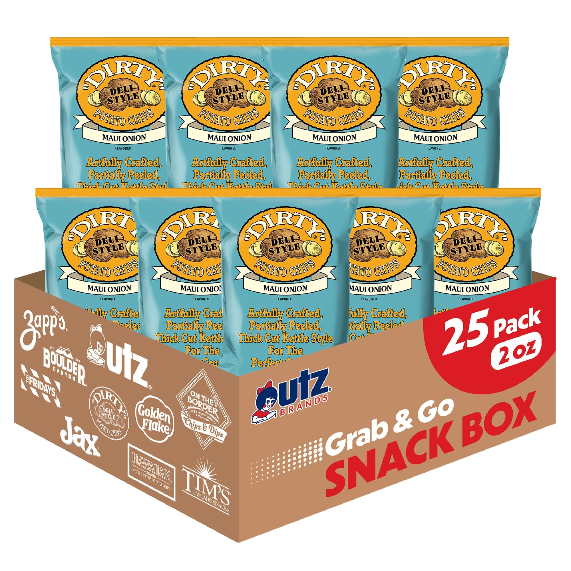 Dirty Potato Chips Kettle Maui Onion, 2 oz. Bag, 25 Count â€“ Gluten Free, Skins On, Crunchy Great for Lunches or Snacking on the Go
