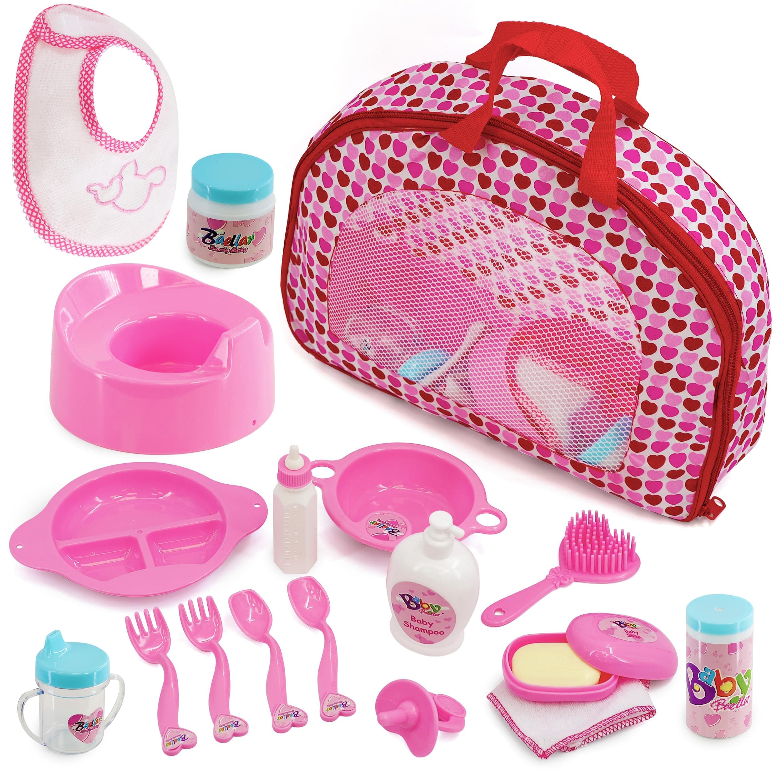 BiBi Doll Baby Doll Accessories Playset 18 Pcs with Carry Storage Bag - Includes Care & Feeding Set, Bottles, Dummy, Potty, Bib, Brush - Portable Nurturing Pretend Play Toy for Girls & Boys Aged 3+