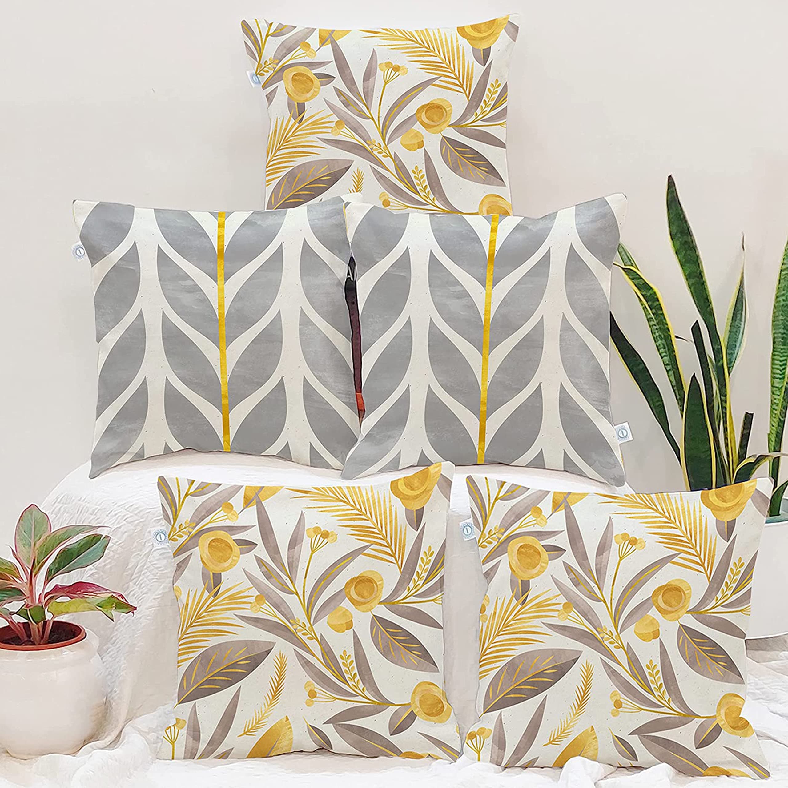 STITCHNEST Set of 5 Polycotton Cushion Covers – Yellow & Grey Botanical and Geometric Mix – 16x16 Inches – Modern Cushion Covers for Sofa & Living Room Decor