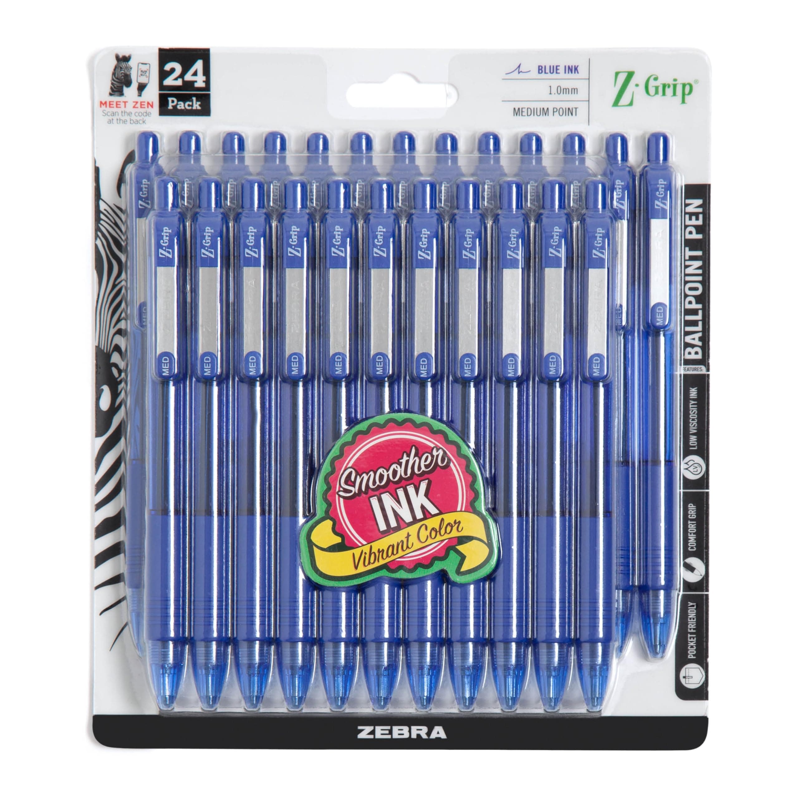 Z-Grip Retractable Ballpoint Pen, Medium Point, 1.0mm, Blue Ink, 24 Pack (Packaging may vary)