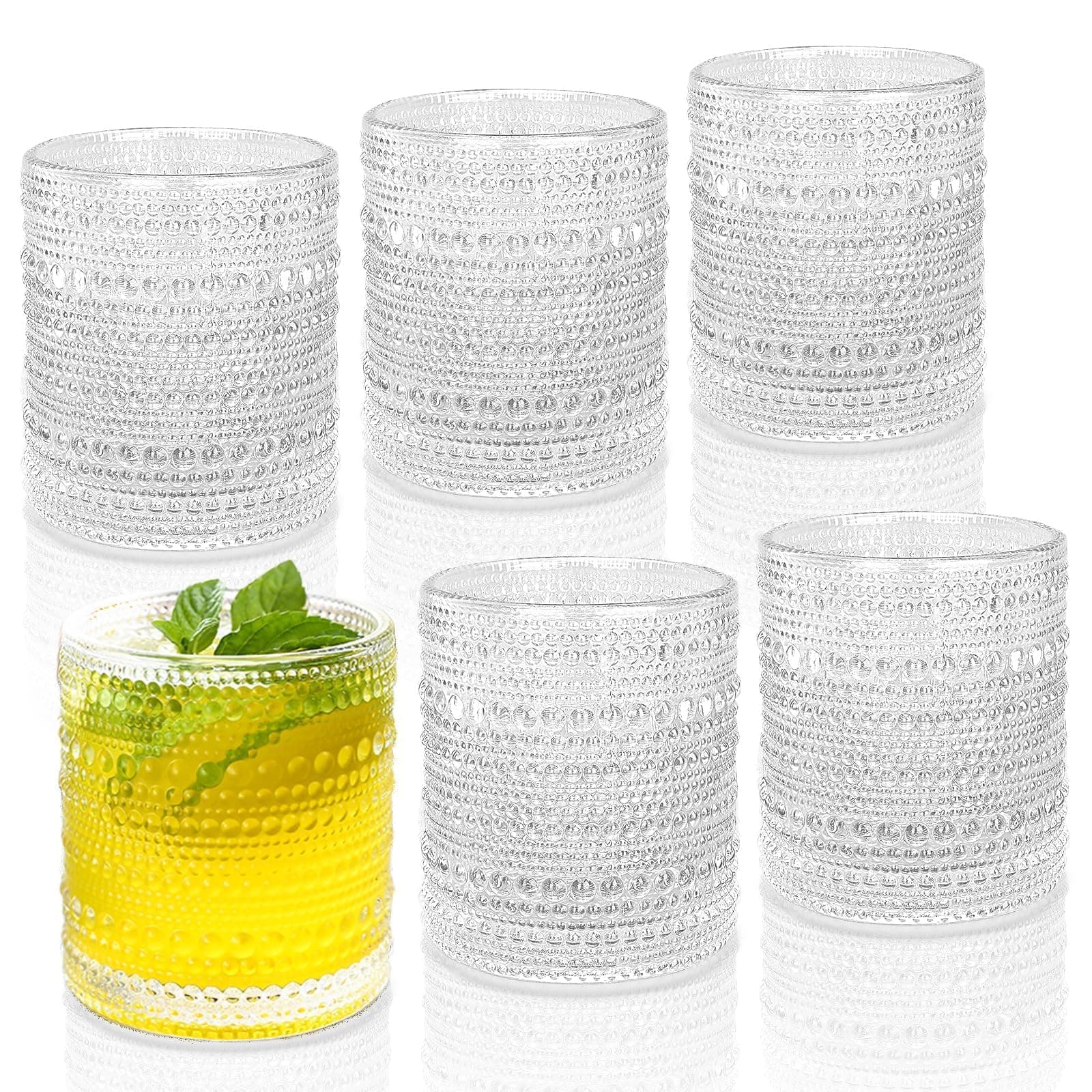 Cocktail Glasses 10 oz Hobnail Drinking Glasses Set of 6, Vintage Glassware, Textured Glass Cups Bubble Glasses Water Glasses Old Fashion Jupiter Glasses Set, clear