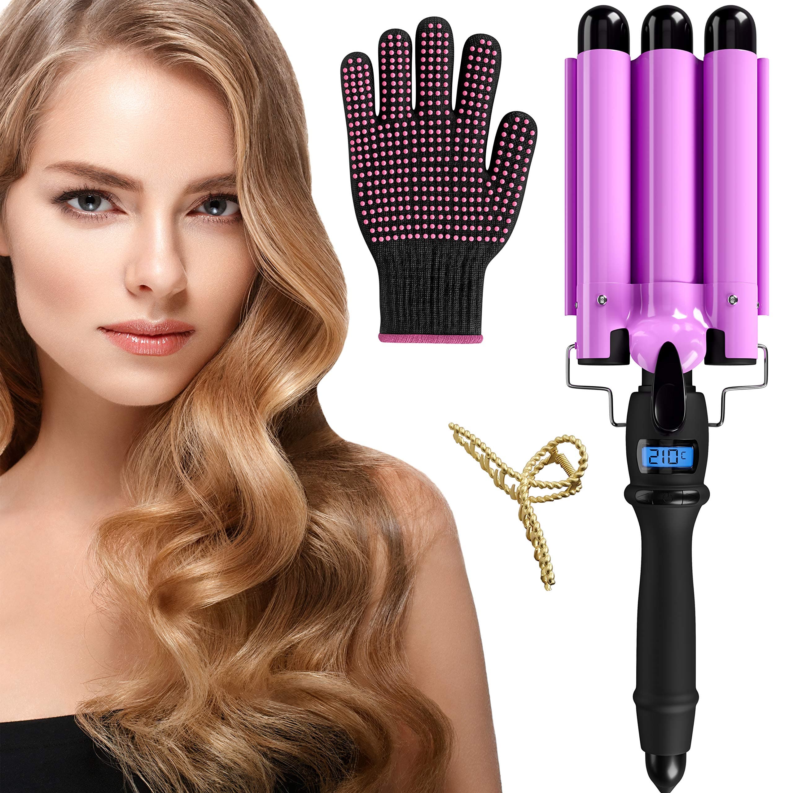 Junma Hair Curler 3 Barrel Curling Iron Wand, Mermaid Beach Waves 25mm (1 Inch) Hair Waver with LCD Temp Display for Long or Short Hair, Triple Three Barrel Crimper Hair Iron for Women (Pink)