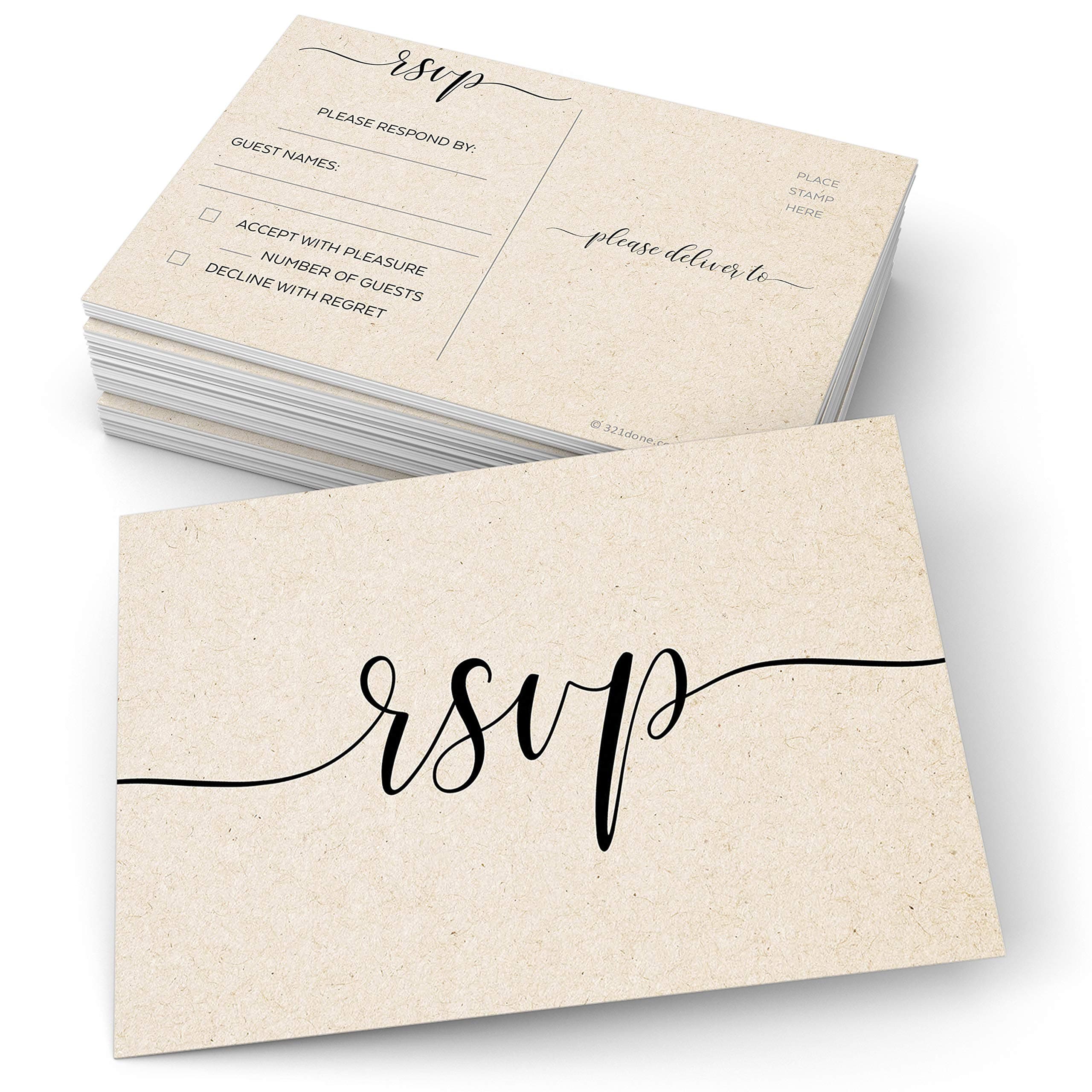 321Done RSVP Postcards (Set of 50) 4" x 6" - Large Blank with Mailing Side - Rustic Kraft Tan, Response Cards for Wedding, Bridal Shower, Baby Shower, Made in USA