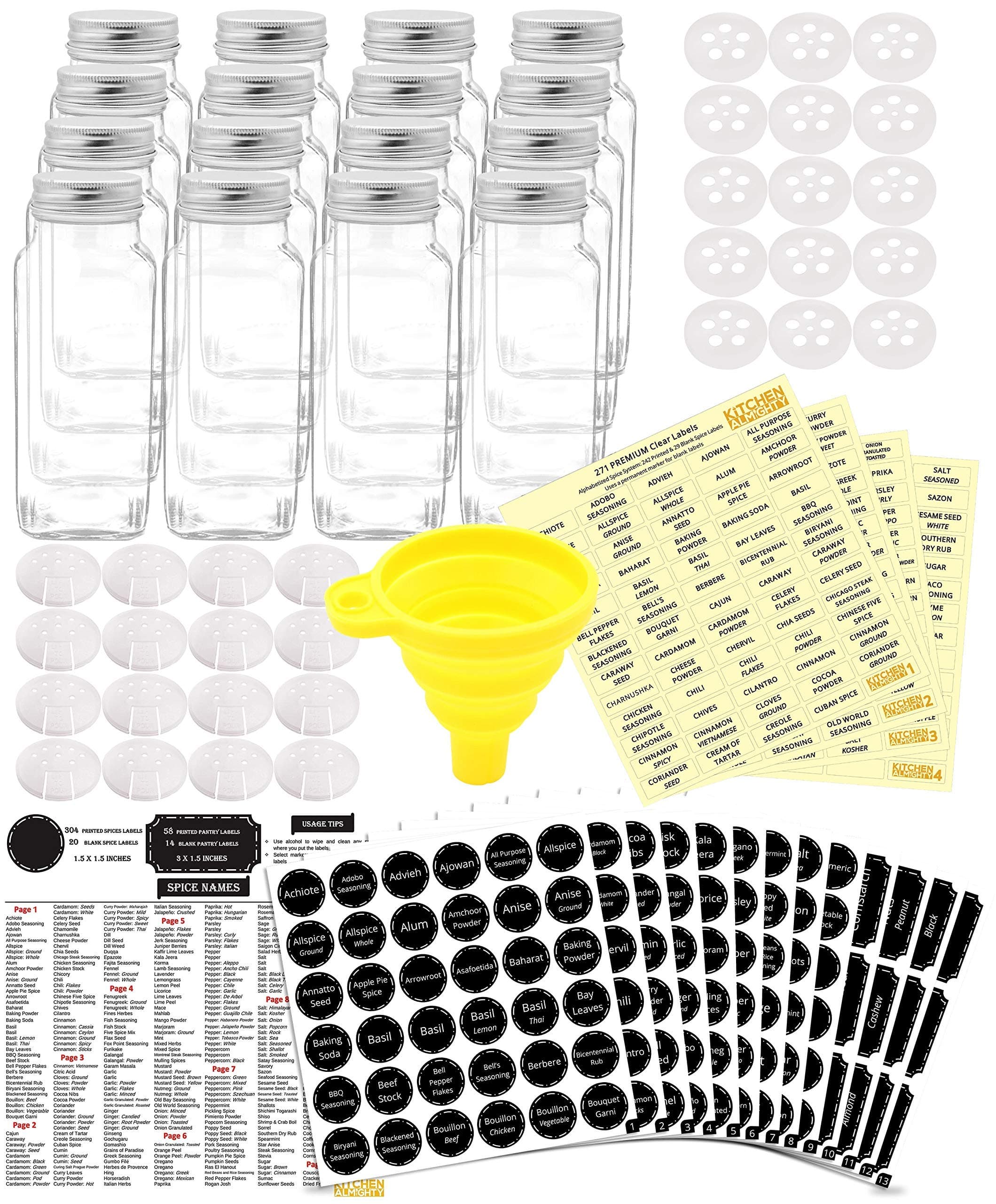 16 Glass Spice Jars Complete Set: 667 Chalkboard & Clear Printed Spice & Pantry Labels - Premier 8 fl Oz Empty Square Bottles w/ Pour/Sift & Coarse Shakers & Airtight Caps - Silicone Funnel Included
