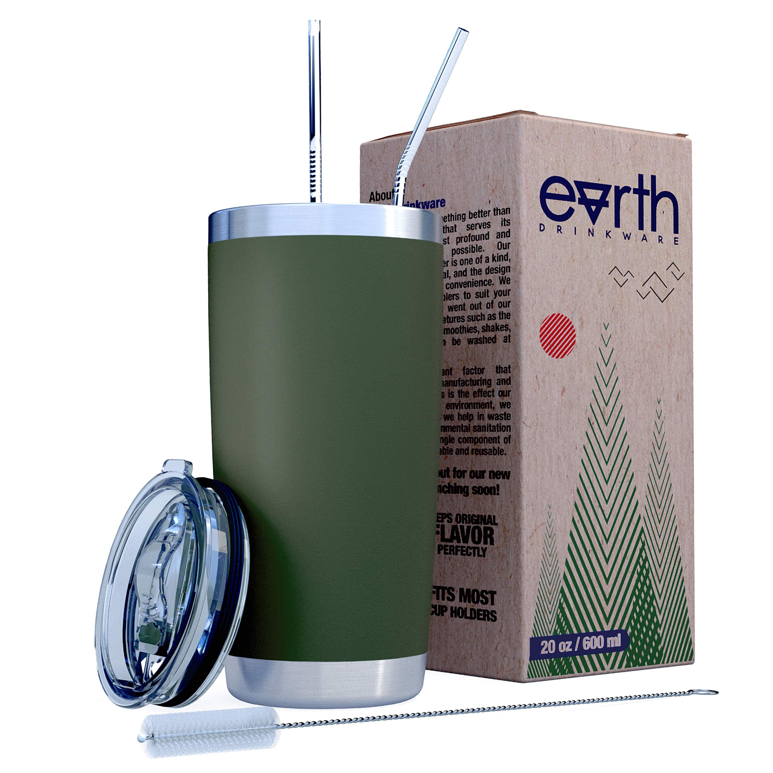 EARTH 20 oz Army Stainless Steel Tumbler with Splash Proof Lid, 2 Straws, Pipe Brush & Gift Box - Double Wall Travel Mug Flask | Vacuum Insulated Rambler Coffee Cup | BPA Free