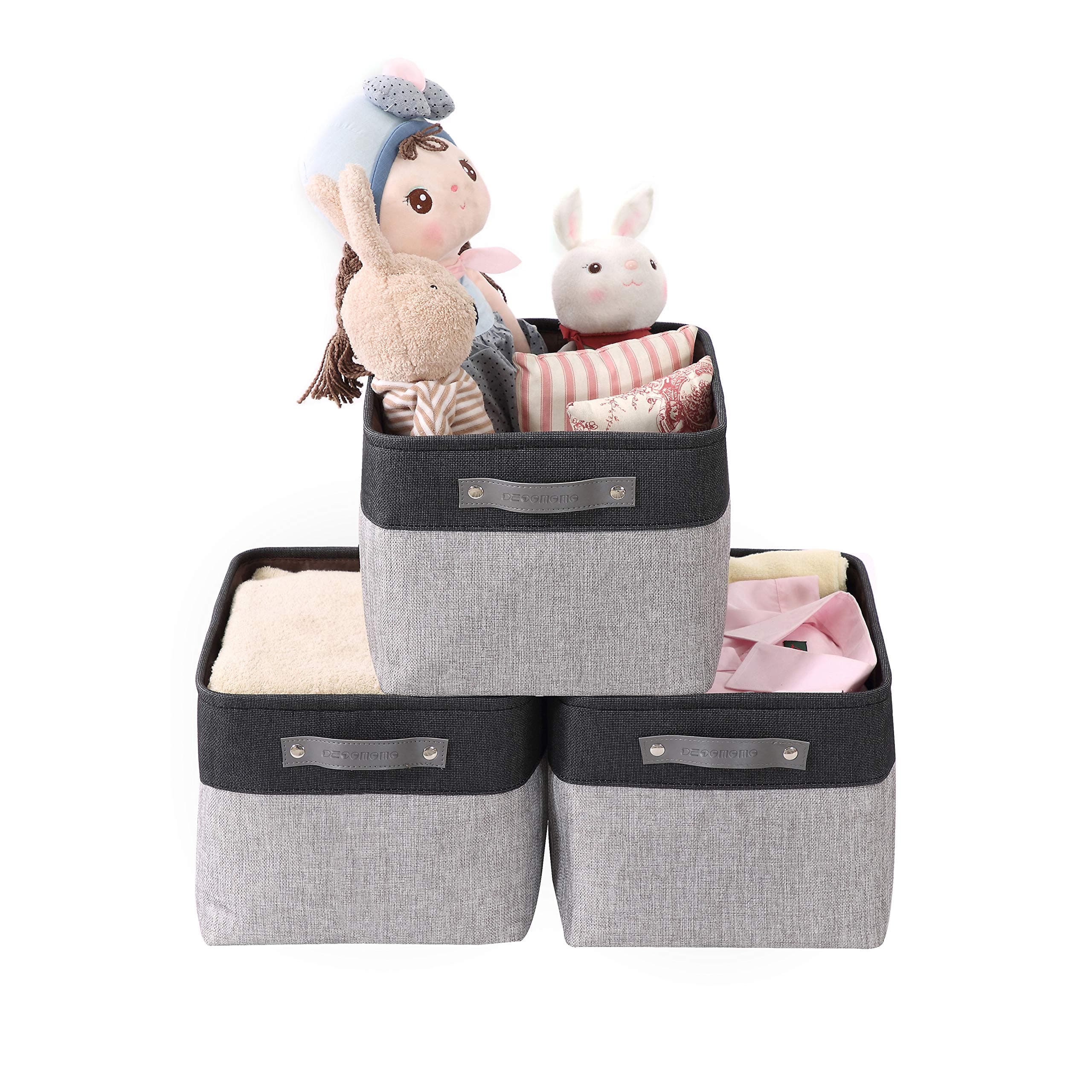 DECOMOMO Storage Bins | Fabric Storage Basket for Shelves for Organizing Closet Shelf Nursery Toy | Decorative Large Linen Closet Organizer Bins with Handles (Grey and Black, Large - 3 Pack)