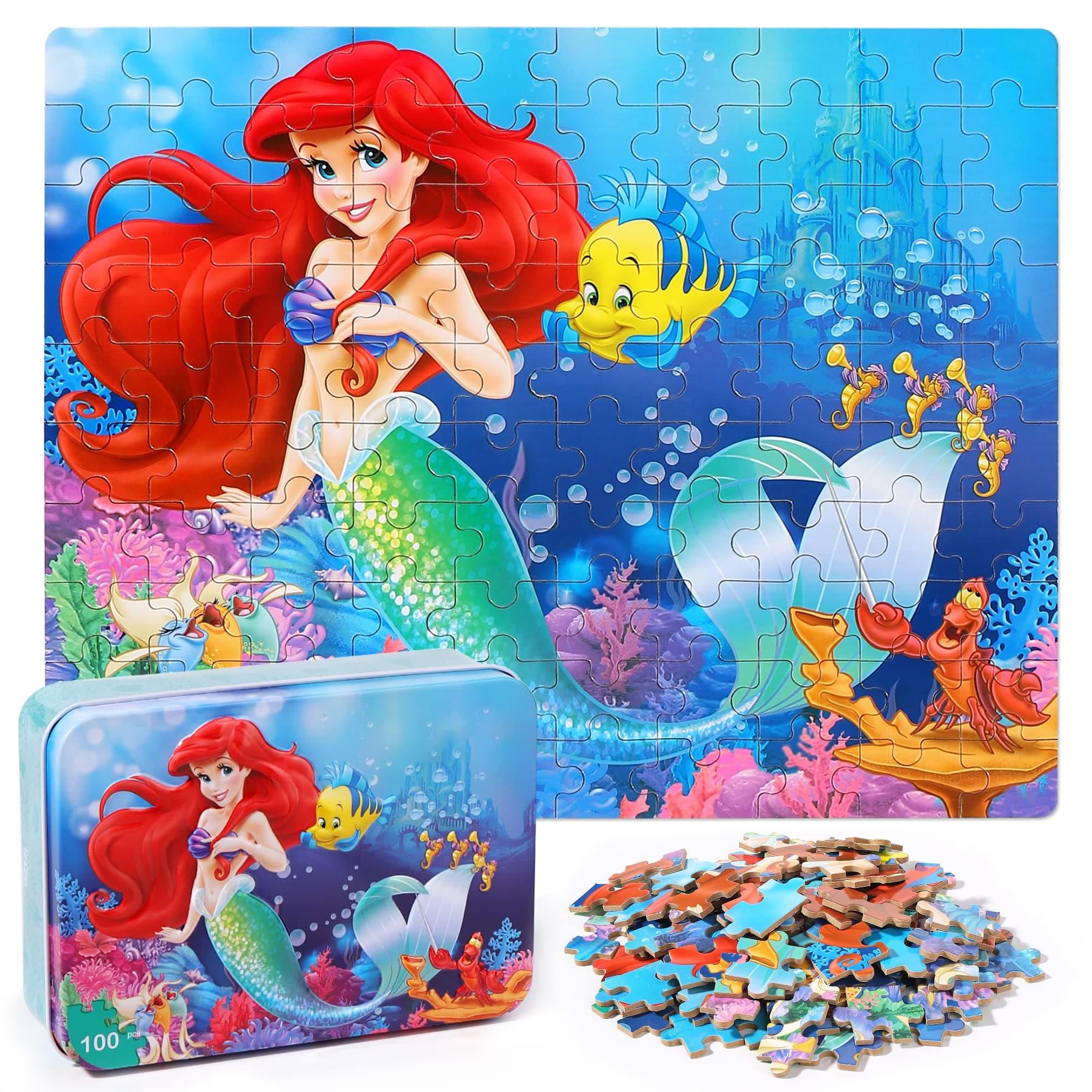 Pretty Puzzles for Kids Ages 4-6,100 Piece Puzzles for Kids Ages 4-8,Educational Jigsaw Puzzles in a Metal Box,Childrens 100 Piece Puzzle Games Puzzle Toys for Girls and Boys