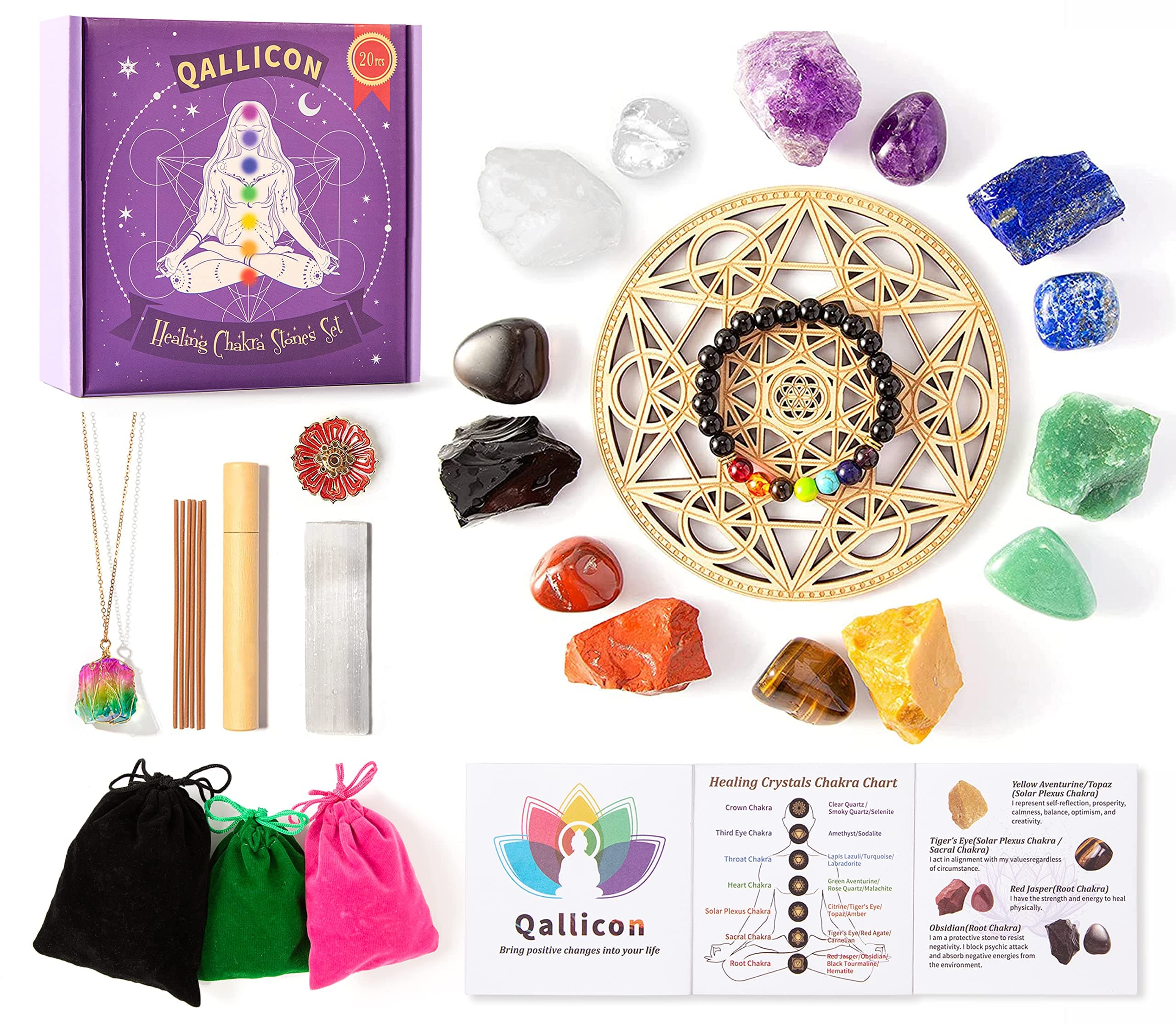 Birsppy 20Pcs Real Healing Crystals for Beginners Set, 7 Raw Chakra Stones,7 Tumbled Gemstones, Lava Bracelet, Necklace, Selenite, Reiki Crystal Grid for Meditation,Spiritual Healing, Positive Energy