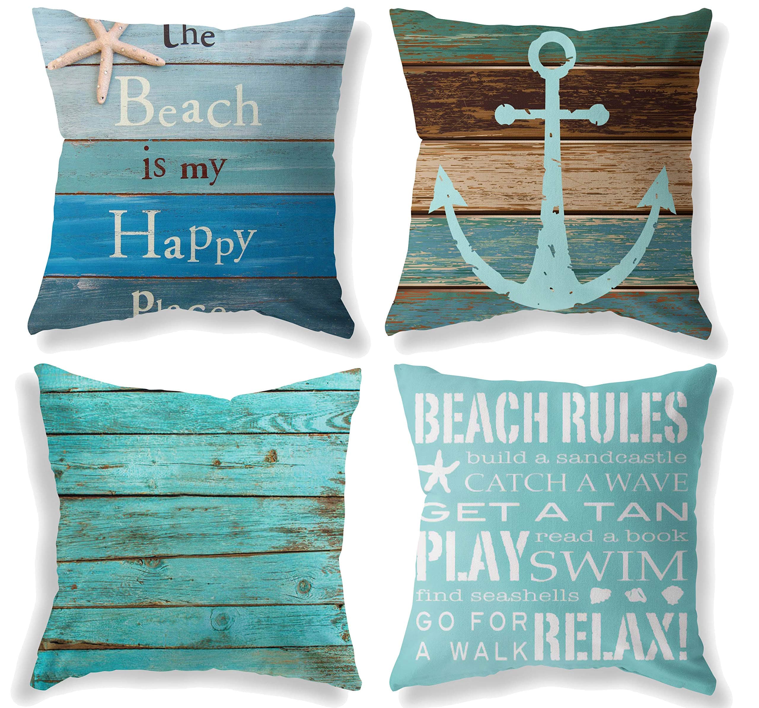 LuckyCow Throw Pillow Covers 18x18 Inch - Cotton Linen Blue Theme Ocean Starfish Wood Grain Beach Game Pillow Covers, Decorative Pillowcase for Home Sofa Bedding Couch Outdoor Cushion Covers.