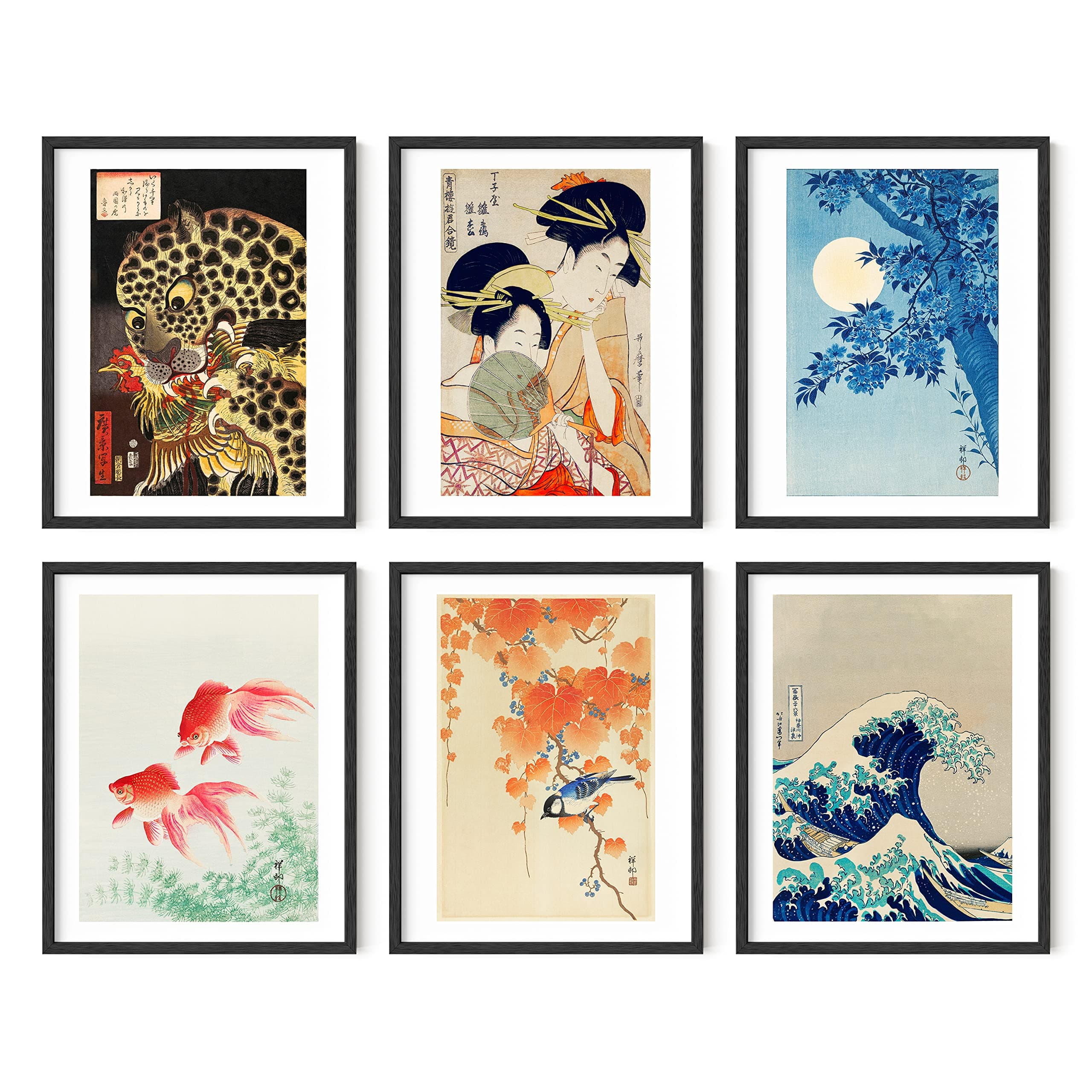 Asian Art Prints - Set of 6 Wall Art - Hokusai Paintings, Waves Poster, Japanese Pictures UNFRAMED 11x14