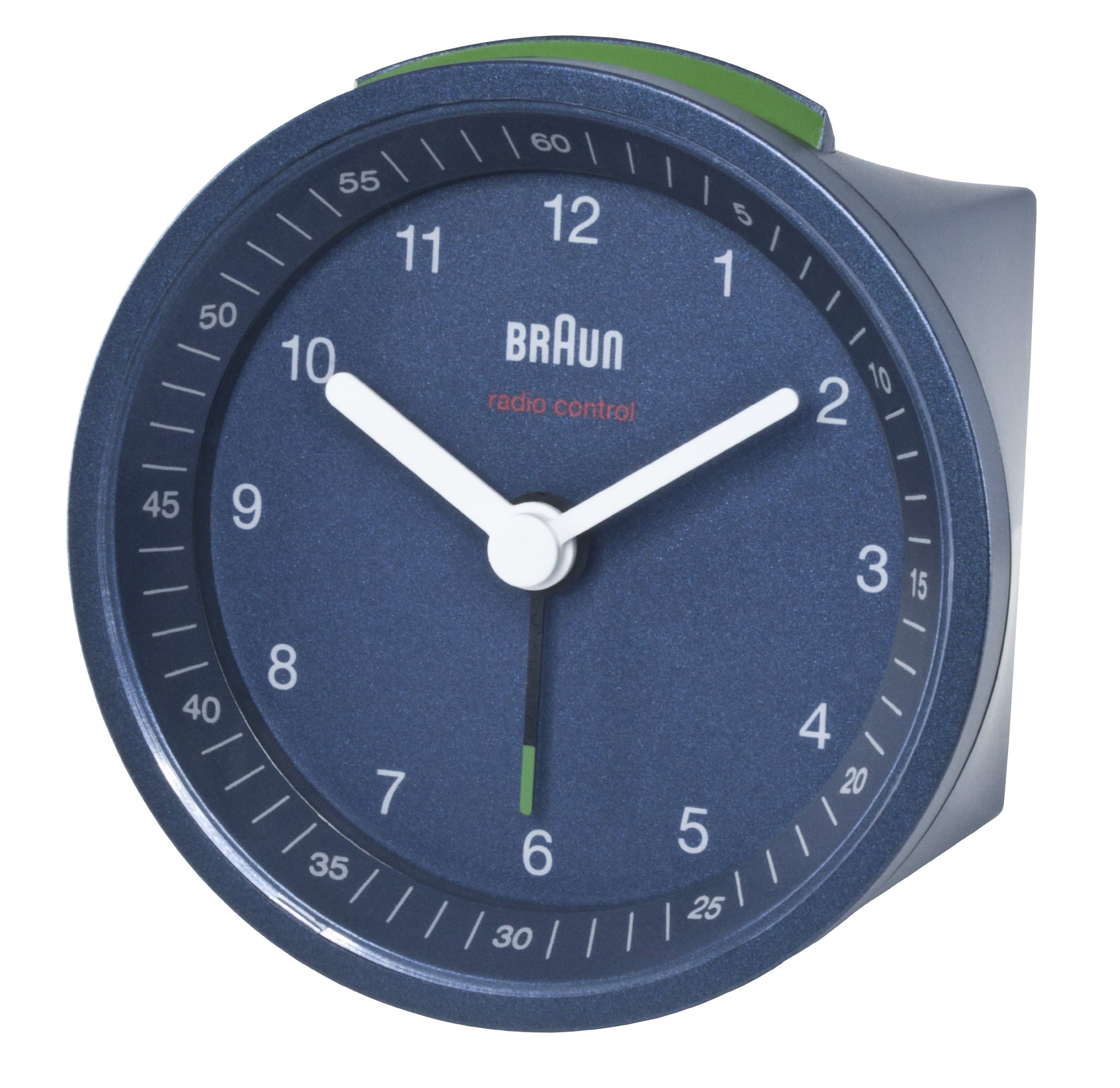 Braun Classic Radio Controlled Analogue Alarm Clock For UK and Irish Time Zone (MSF/GMT) with Snooze and Light, Crescendo Beep Alarm in Blue, model BNC007BLBL-MSF.