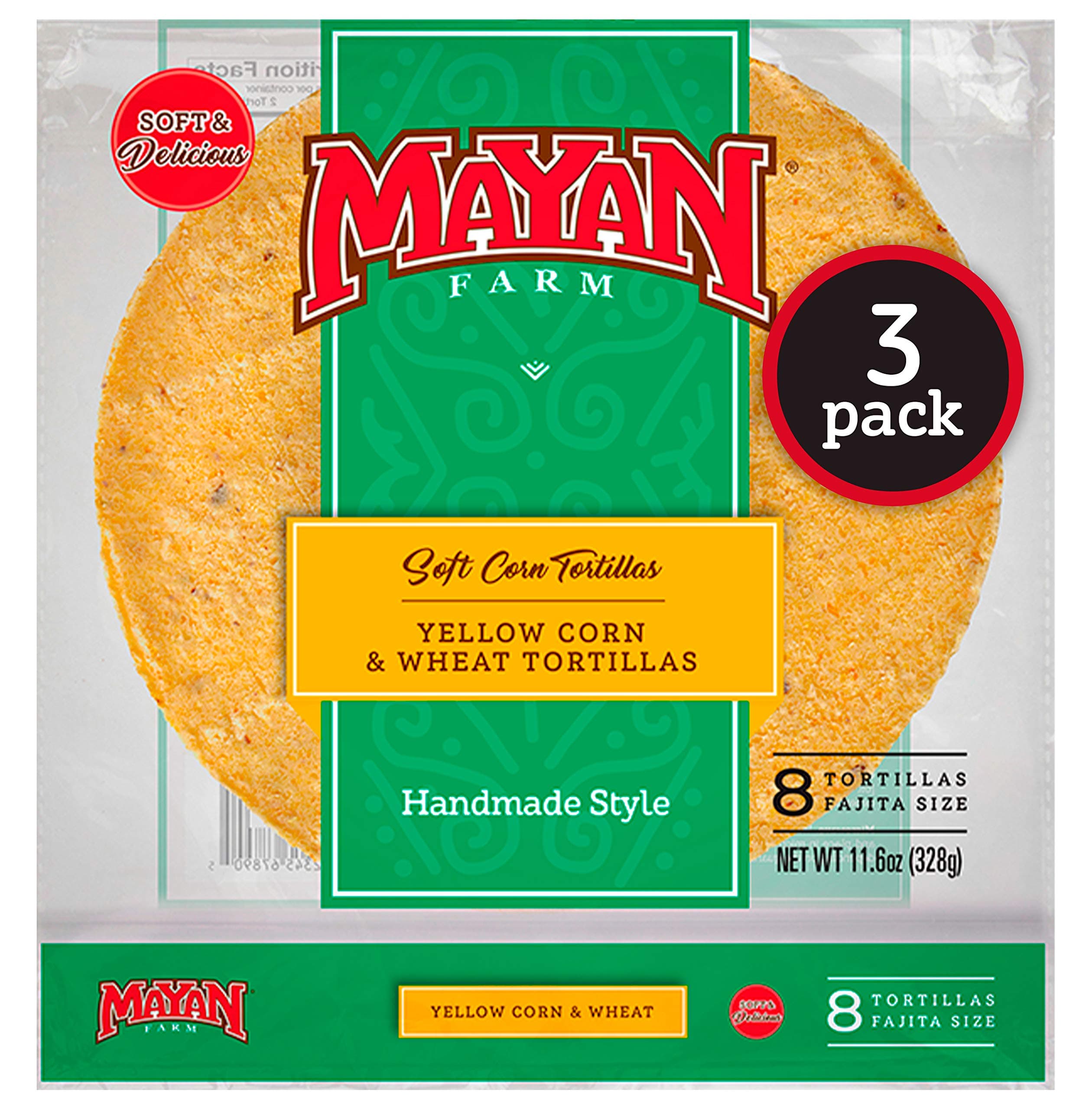 Mayan Farm Yellow Corn & Wheat Soft Tortillas (3 pack) Vegan, Kosher. 8 fajita style tortillas per pack