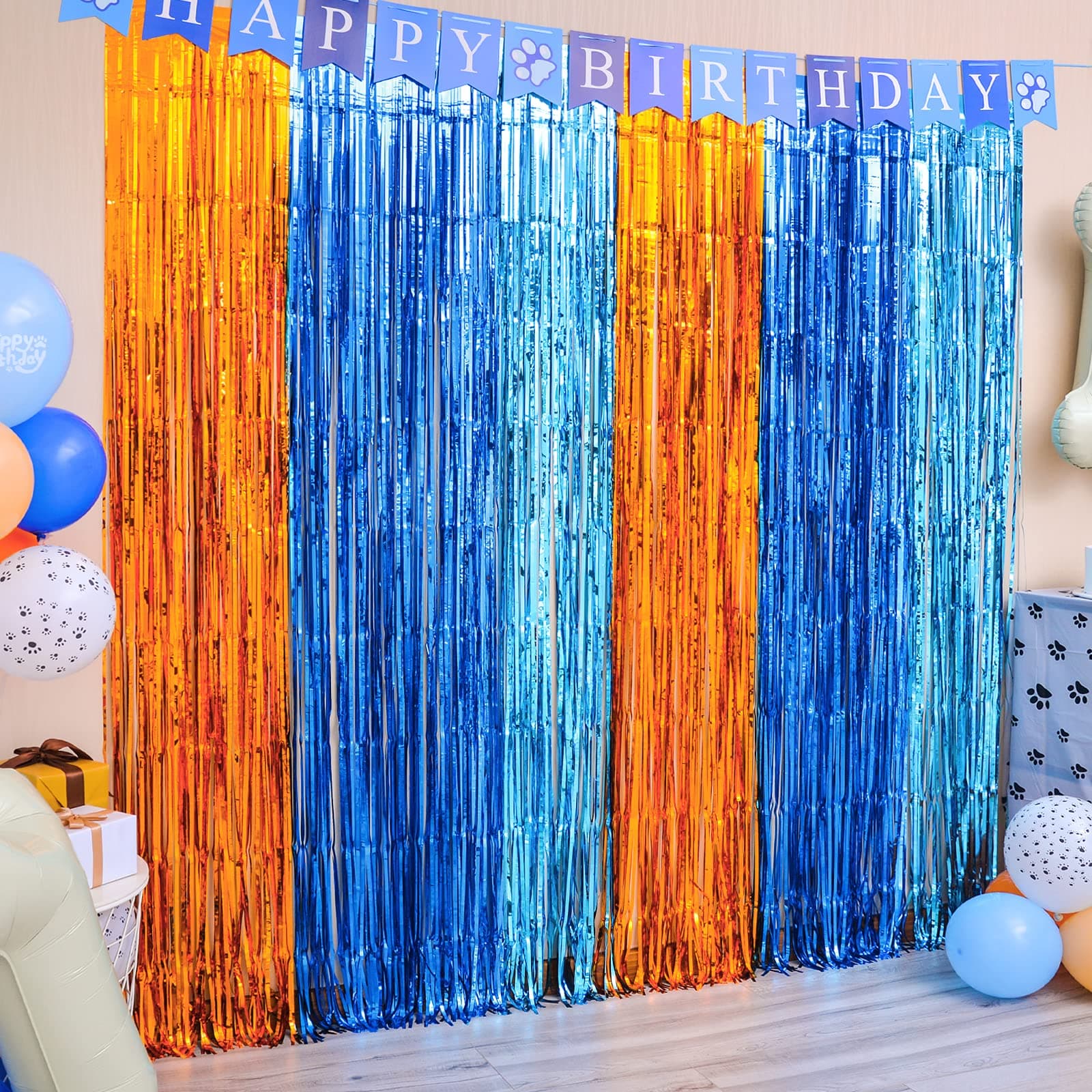 Blue Dog Party Decorations, 2 Pack Dog-Themed Birthday Party Supplies, 3.3x6.6 ft Orange Blue and Light Blue Tinsel Photo Booth Props Streamer Photo Backdrop for Kids Boys Girls Party Decor