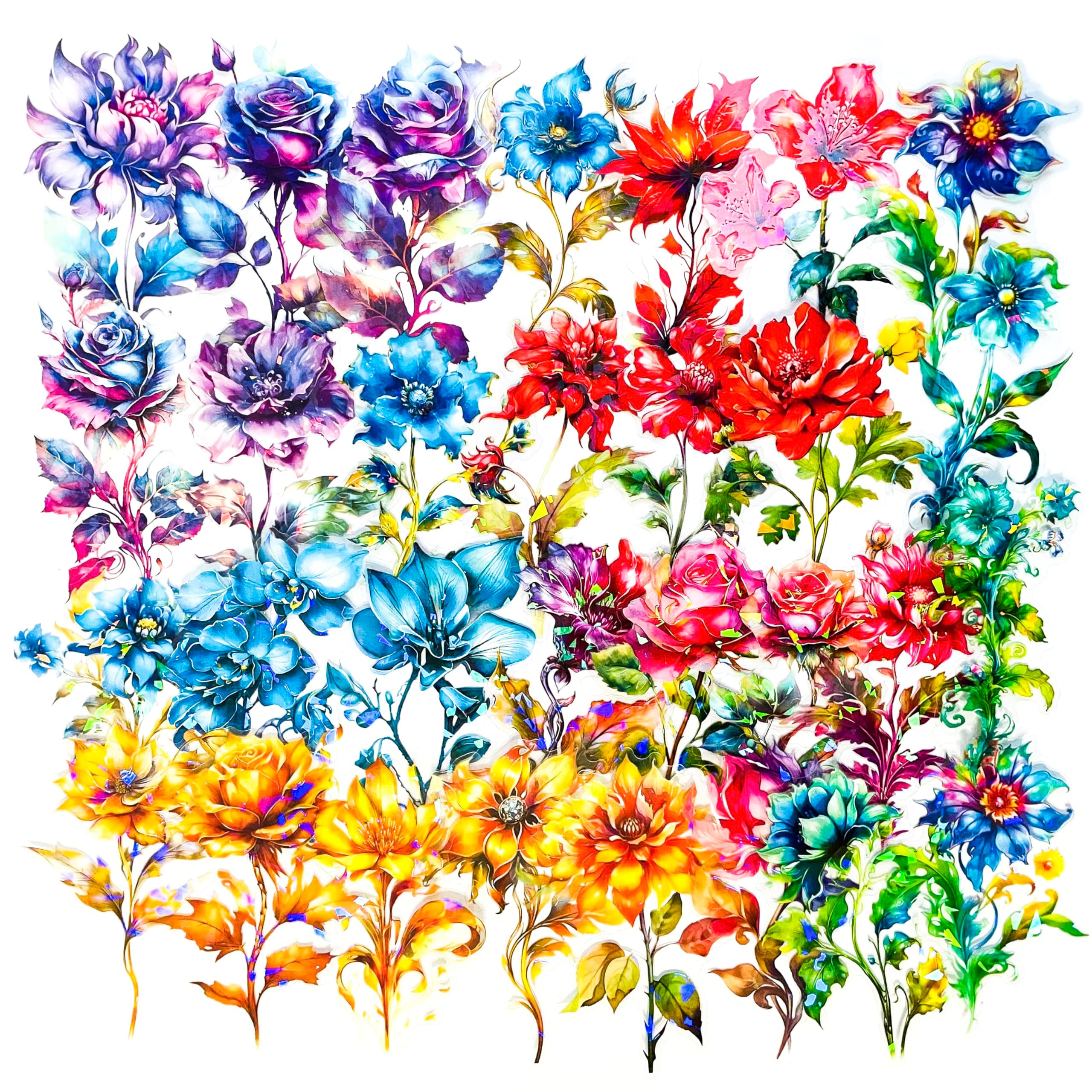 Yoksas Large Holographic Shiny Fantasy Flowers Stickers - 30Pcs Waterproof Clear Glitter Floral Scrapbook Stickers for Junk Journals,Planner,Resin Art Supplies