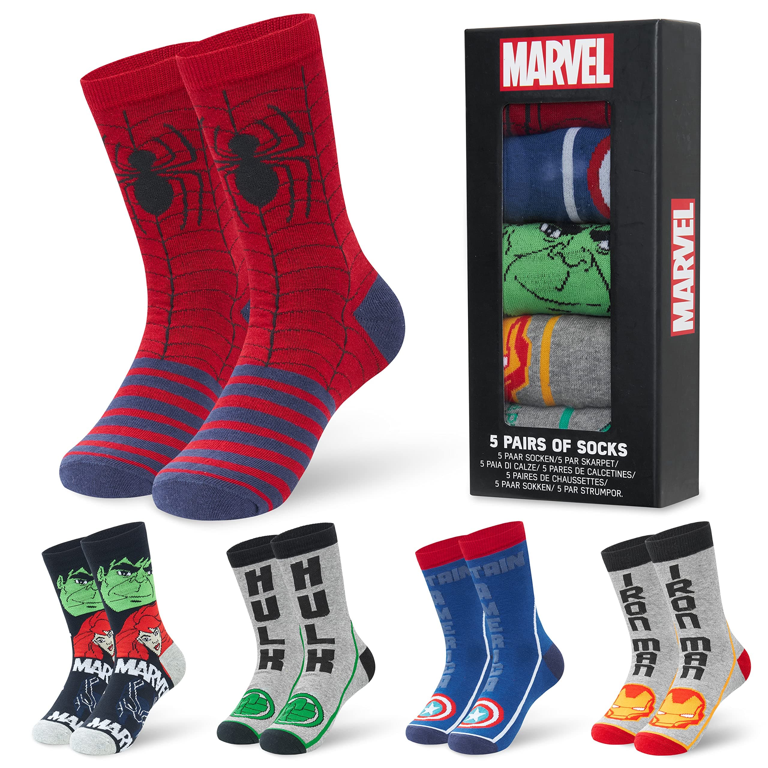 Marvel Mens Calf Socks US Size 7-11, Pack of 5 Soft Crew Socks for Sports, Spiderman Deadpool Avengers