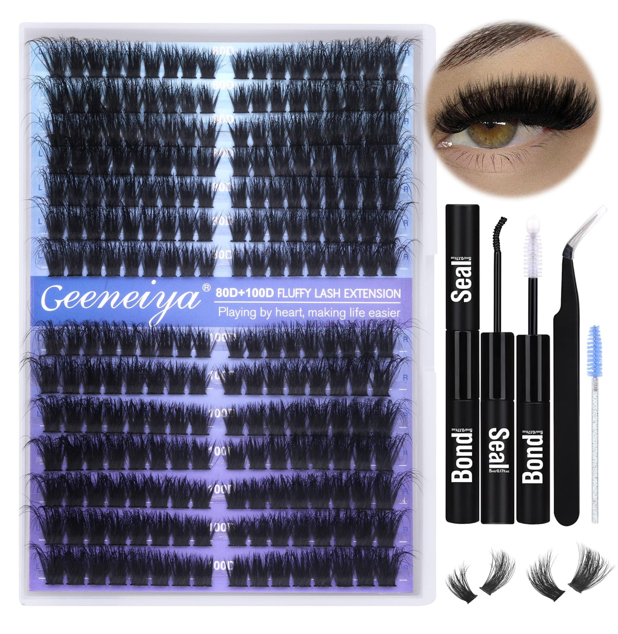 Pre-made Cat Eye Lash Extension Kit Lash Clusters Kit 9-16mm Wispy Cluster Eyelash Extension Kit 80D+100D Individual Eyelashes with Lash Bond and Seal, Lash Tweezers by Geeneiya