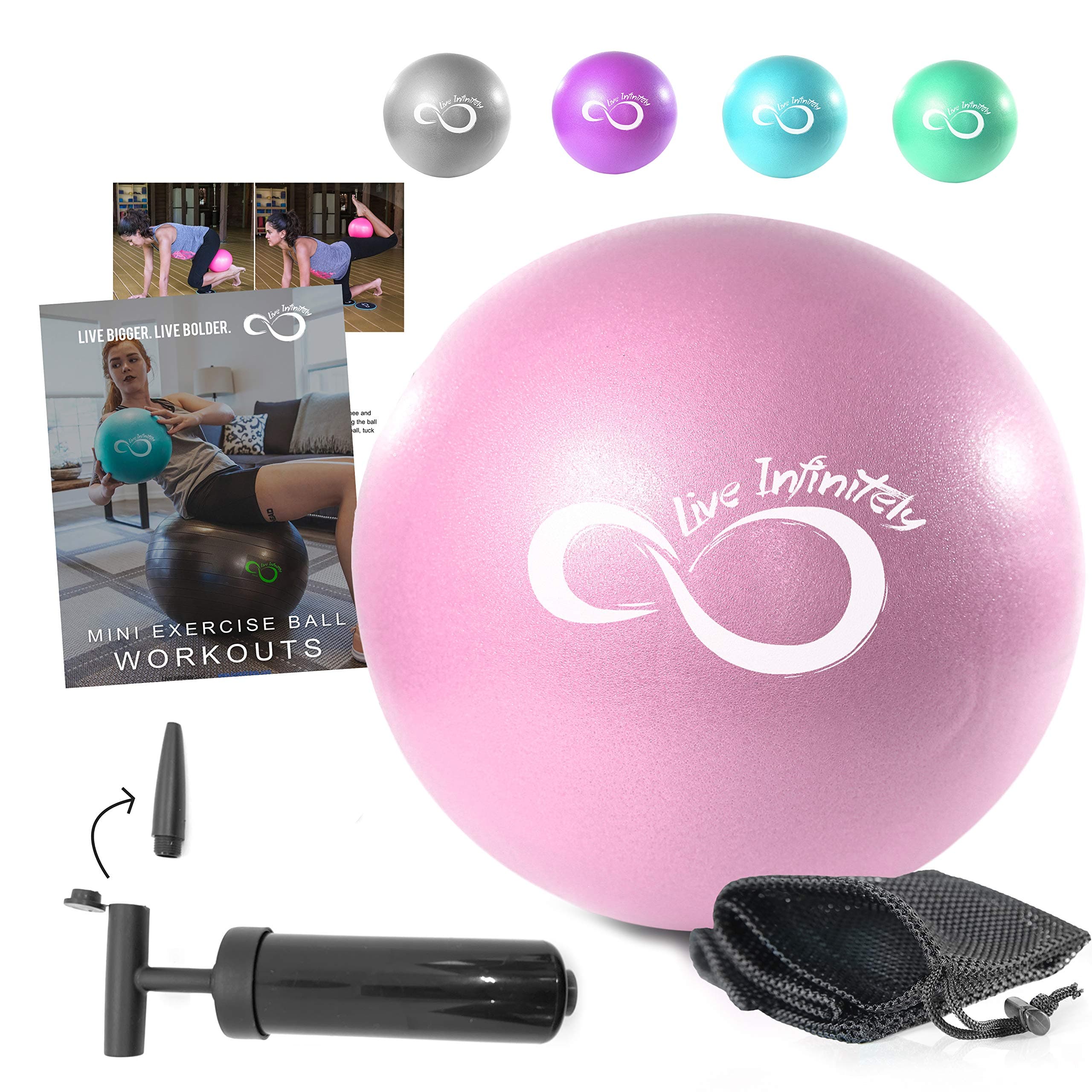 Live Infinitely 9 Inch Barre Pilates Ball & Hand Pump– Anti Burst Mini Ball & Digital Workout eBook Included for Yoga, Exercise, Balance & Stability Training – Comes with Mesh Carrying Bag