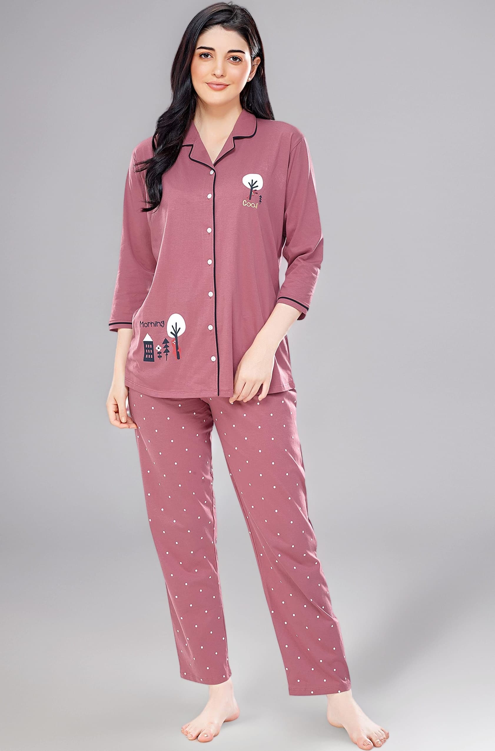 Women's Cotton Dot Printed Pajama Set Night Suit Set Of Shirt & Pyjama 5242