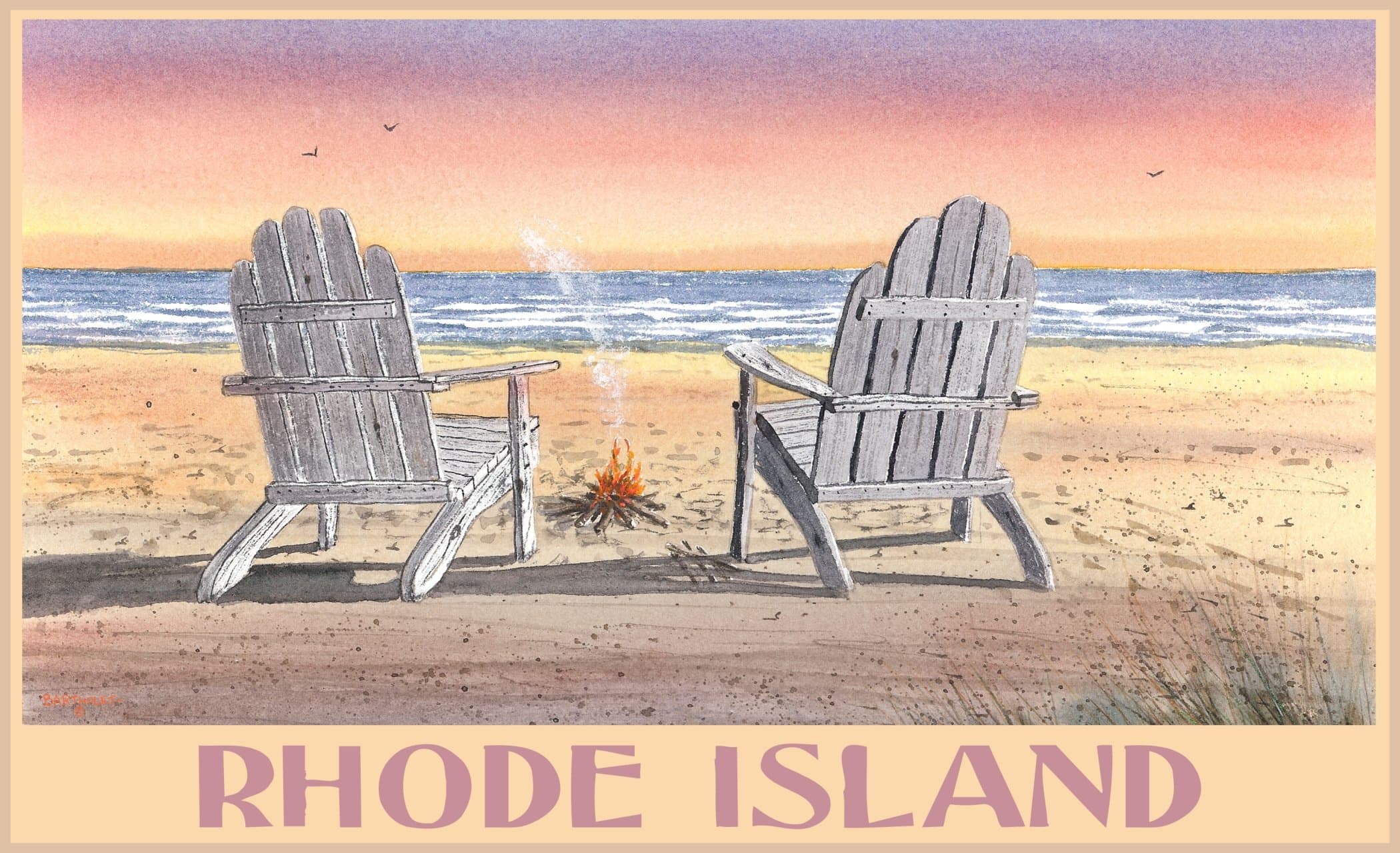Northwest Art Mall BA-3618 ACB Rhode Island Adirondack Chairs On Beach 11"X17" Print by Artist Dave Bartholet