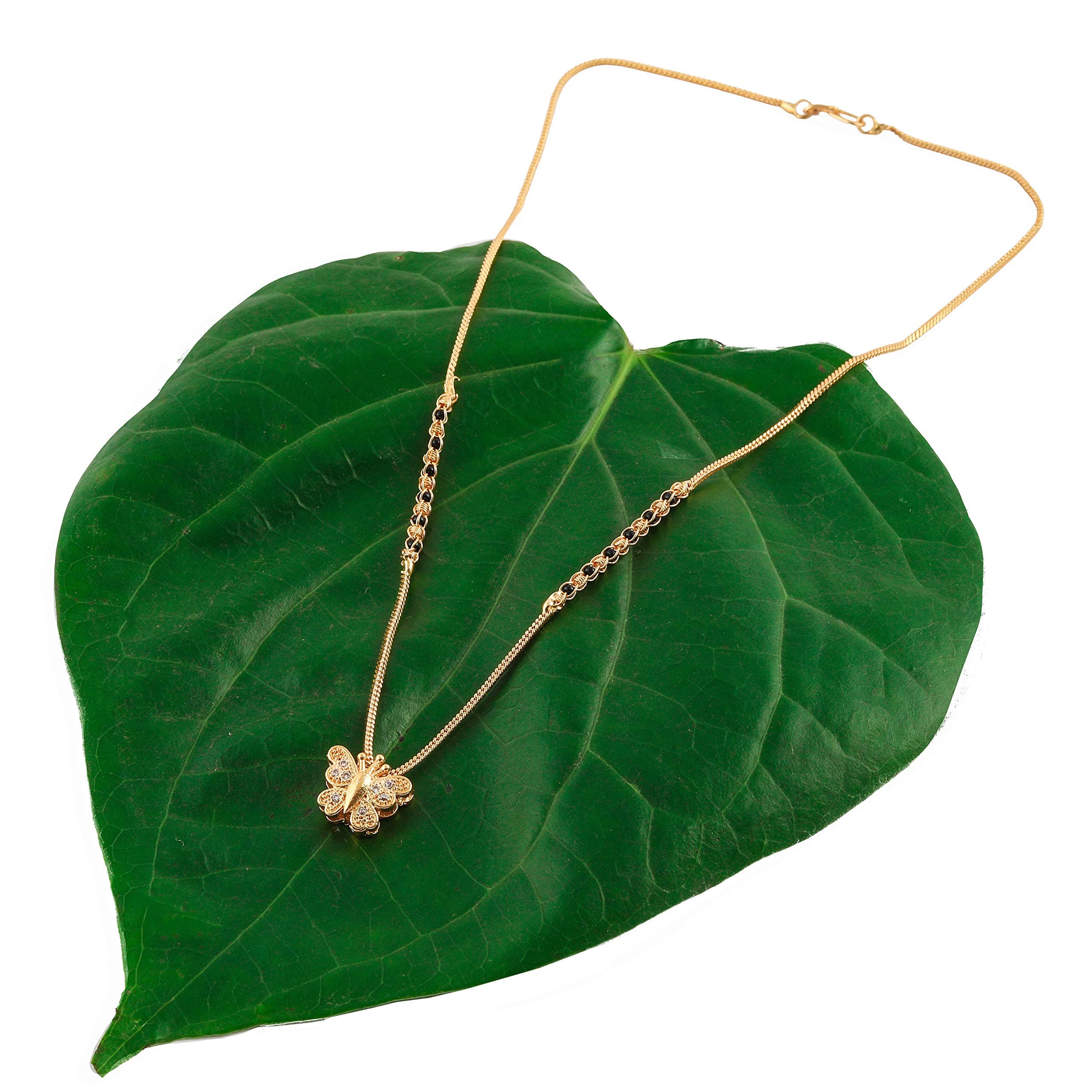 Brado Jewellery Gold Plated American Diamond Butterfly Shape Mangalsutra Tanmaniya Nallapusalu Necklace Pendant Black Bead Golden Chain for Women & Girls (Yellow)