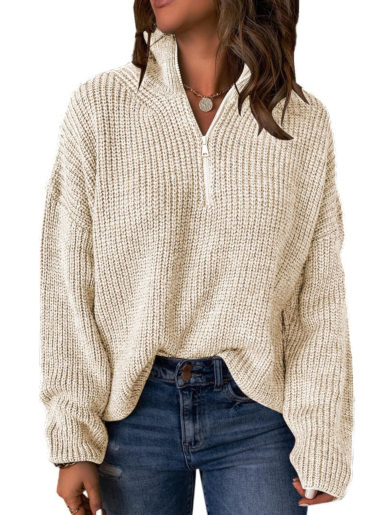 FamulilyWomens Basic Fall Winter Jumper Sweaters,1/4 Zip V Neck Long Sleeve Pullover Cosy Oversized Sweaters