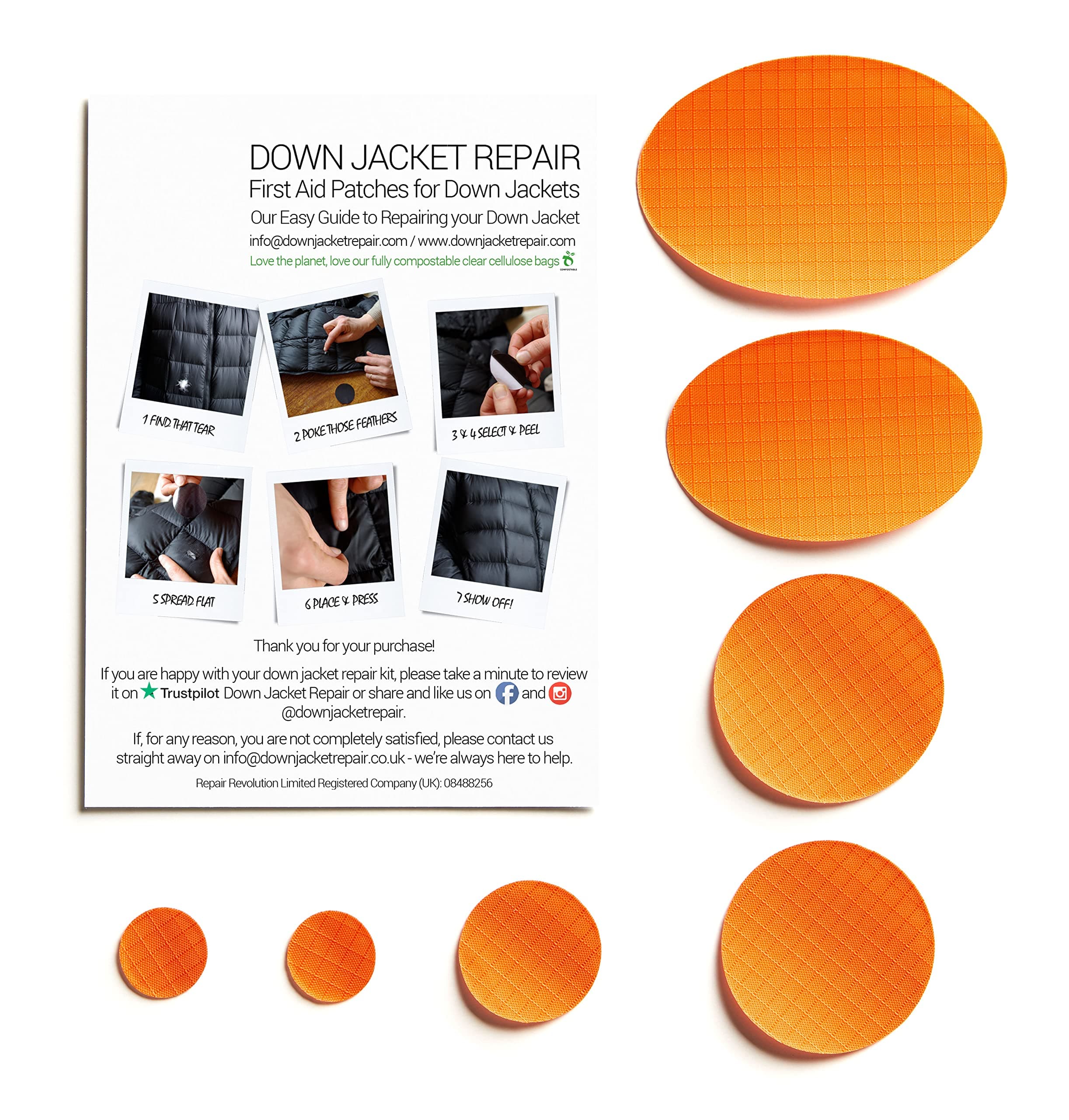 Down Jacket Repair Patches: Easy to Use, Pre-Cut, Self-Adhesive, Soft, Waterproof, Tear-Resistant Rip-Stop Nylon Fabric Patches to Fix Holes in Clothing, Down Jackets, Outdoor Gear - Orange