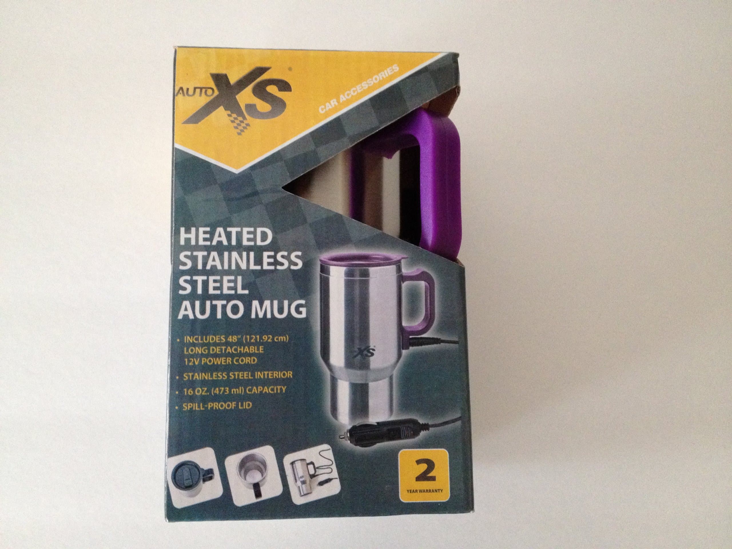 NEW - HEATED TRAVEL MUG BY AUTO XS: Purpose Heated Stainless Steel Auto Mug, Stainless Steel Interior, Spill Proof Lid (BLACK)