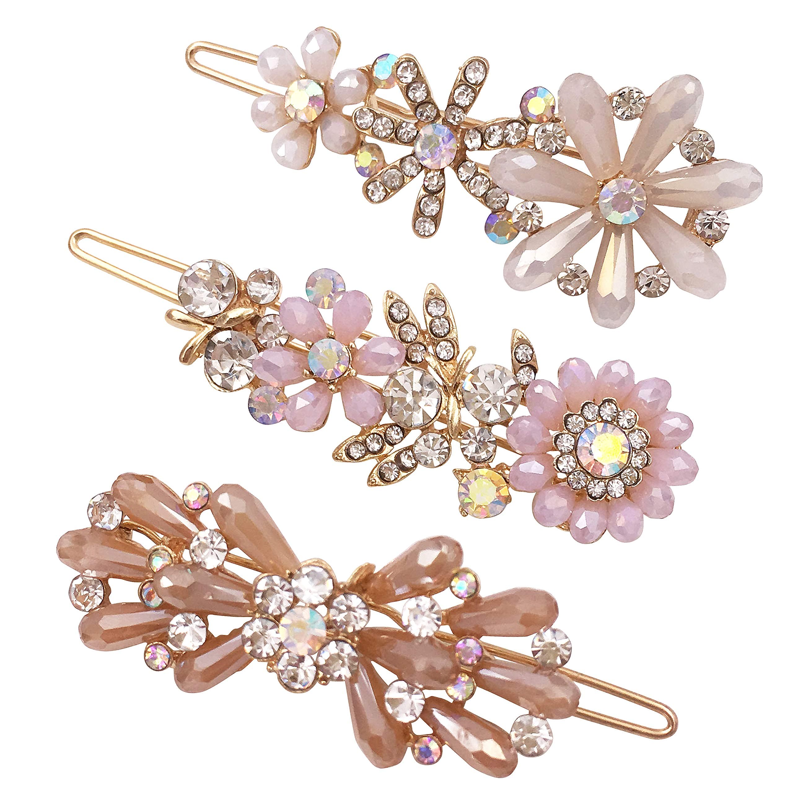 Lizzie Kay3PCS Rhinestone Bling Flower Small Mini Barrette Decorative Hair Clips Accessories for Thin Hair Women
