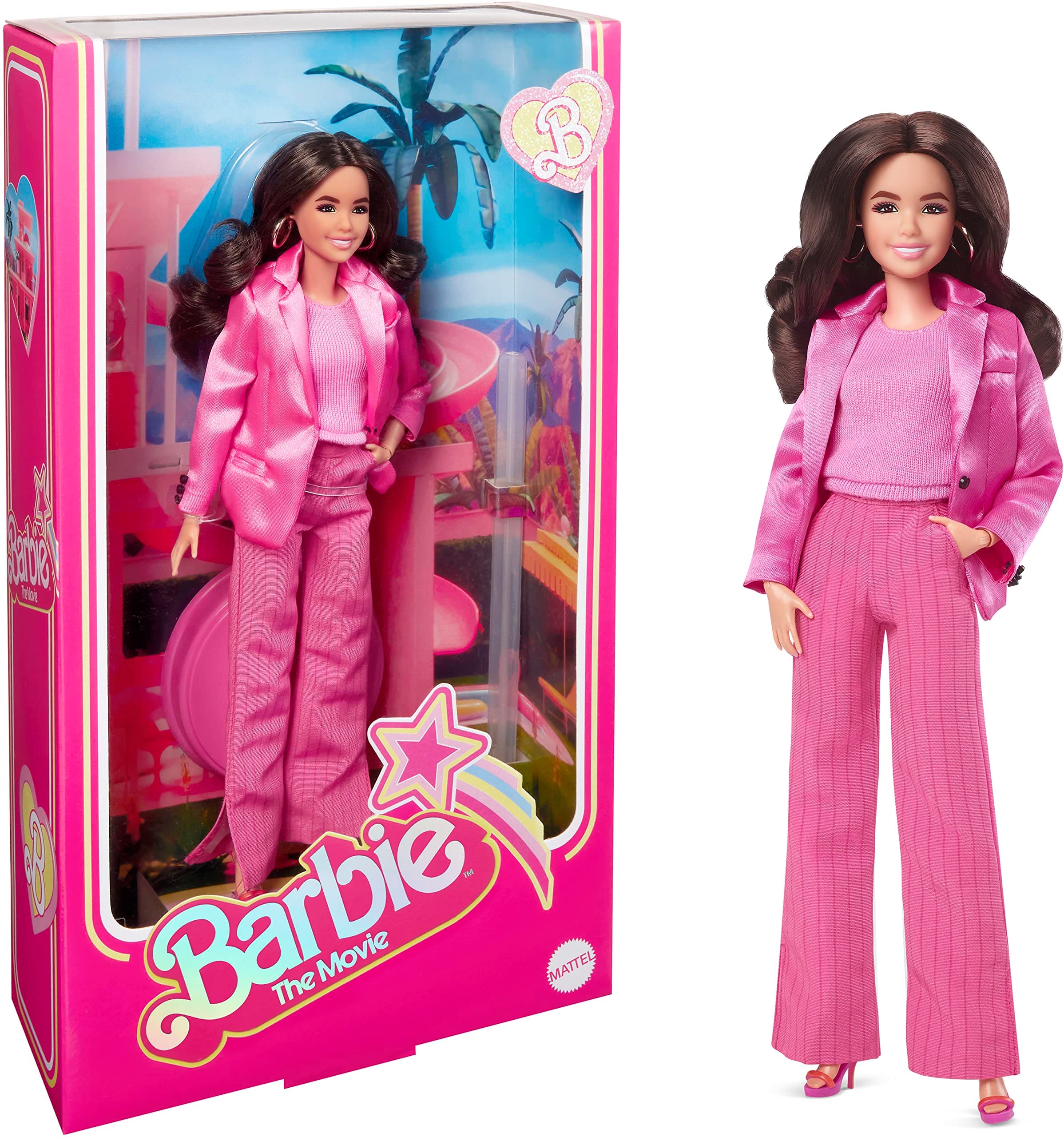 The Movie Doll, Gloria Collectible Wearing Three-Piece Pink Power Pantsuit with Strappy Heels & Golden Earrings