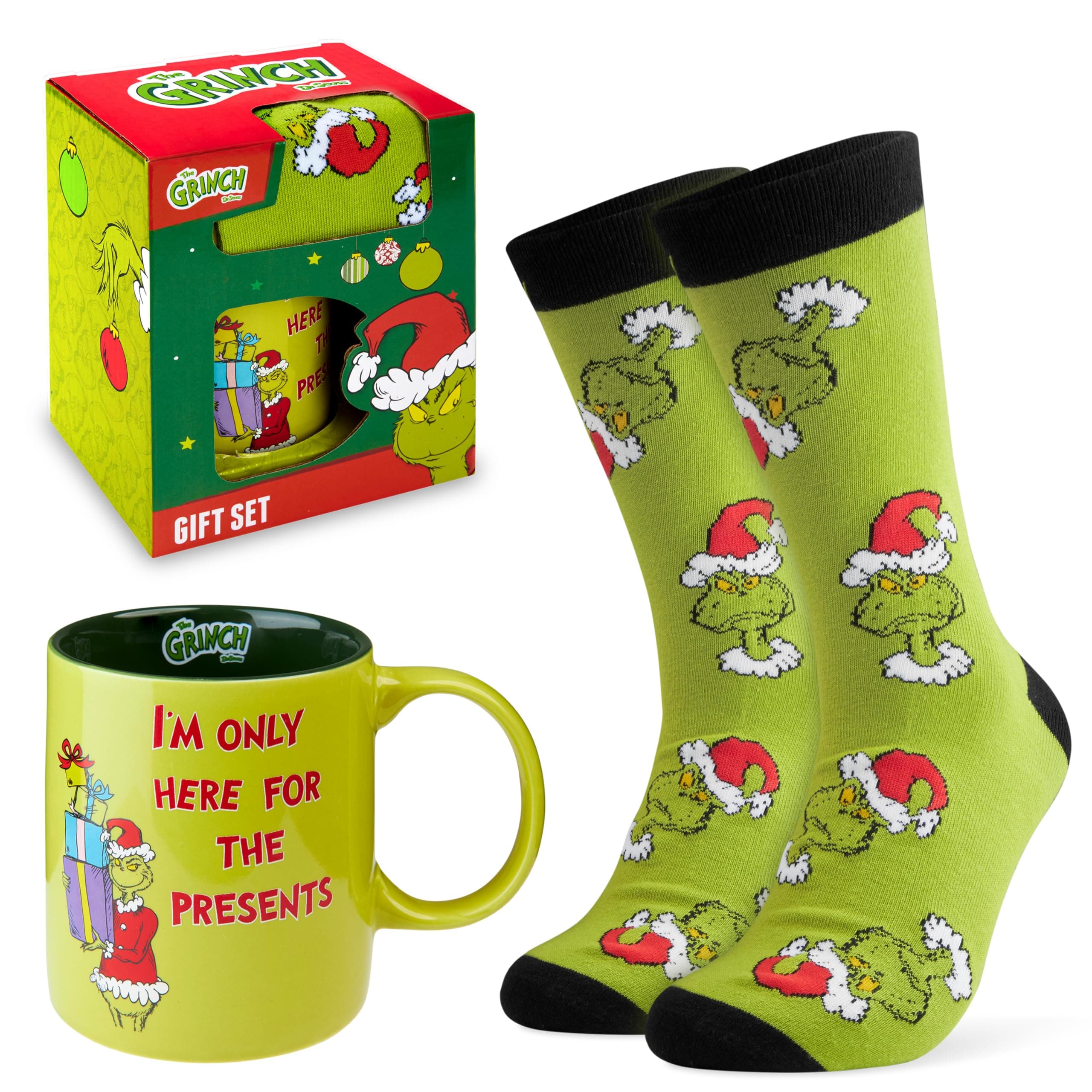 The Grinch Mug and Calf Socks Gift Set for Men Teenagers, Funny 325ml Ceramic Mug Soft Socks, Festive Xmas Secret Santa Gifts for Him