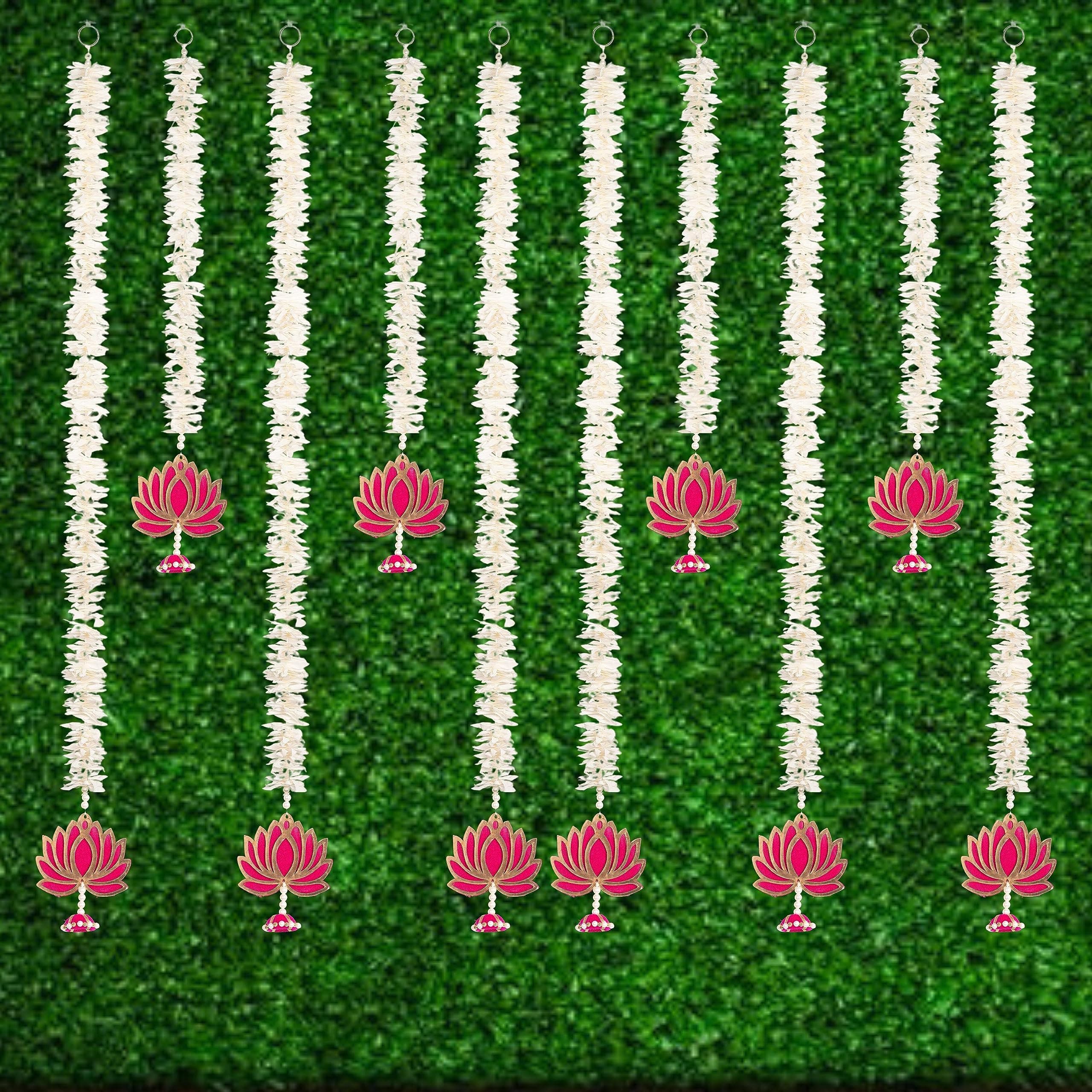 Pooja Room Decoration Item-Mandir Decoration Item, Long Length Off-White Flower- Lotus Hangings, Used as Door Hanging for Home Decoration, Diwali Decoration Items (Set of 5Pcs)