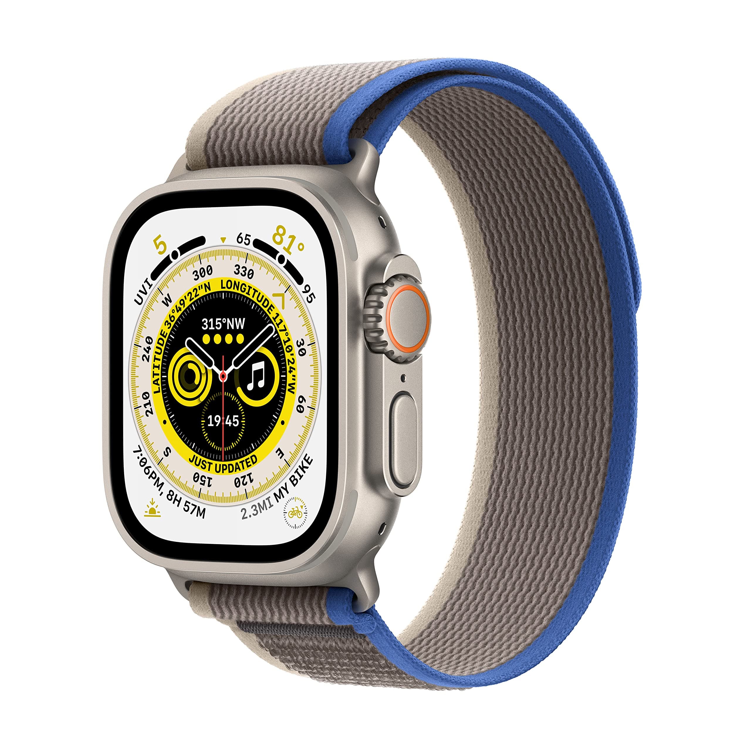 Apple Watch Ultra [GPS + Cellular 49mm] Titanium Case with Blue/Gray Trail Loop, M/L (Renewed)
