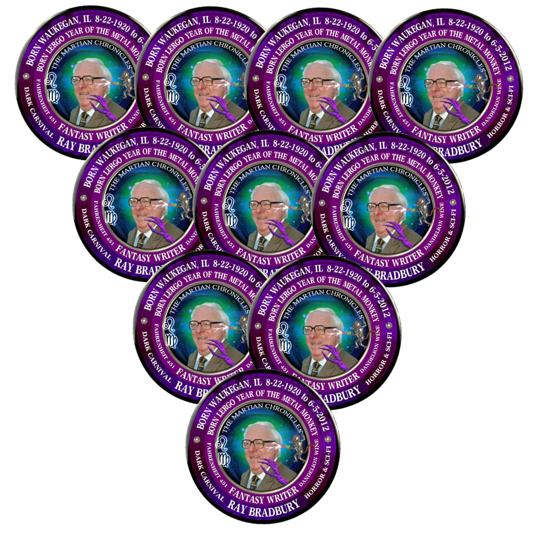 Pack-10 Ray Bradbury Writer Astrology Leo Virgo Cusp Zodiac Metal Monkey Pin