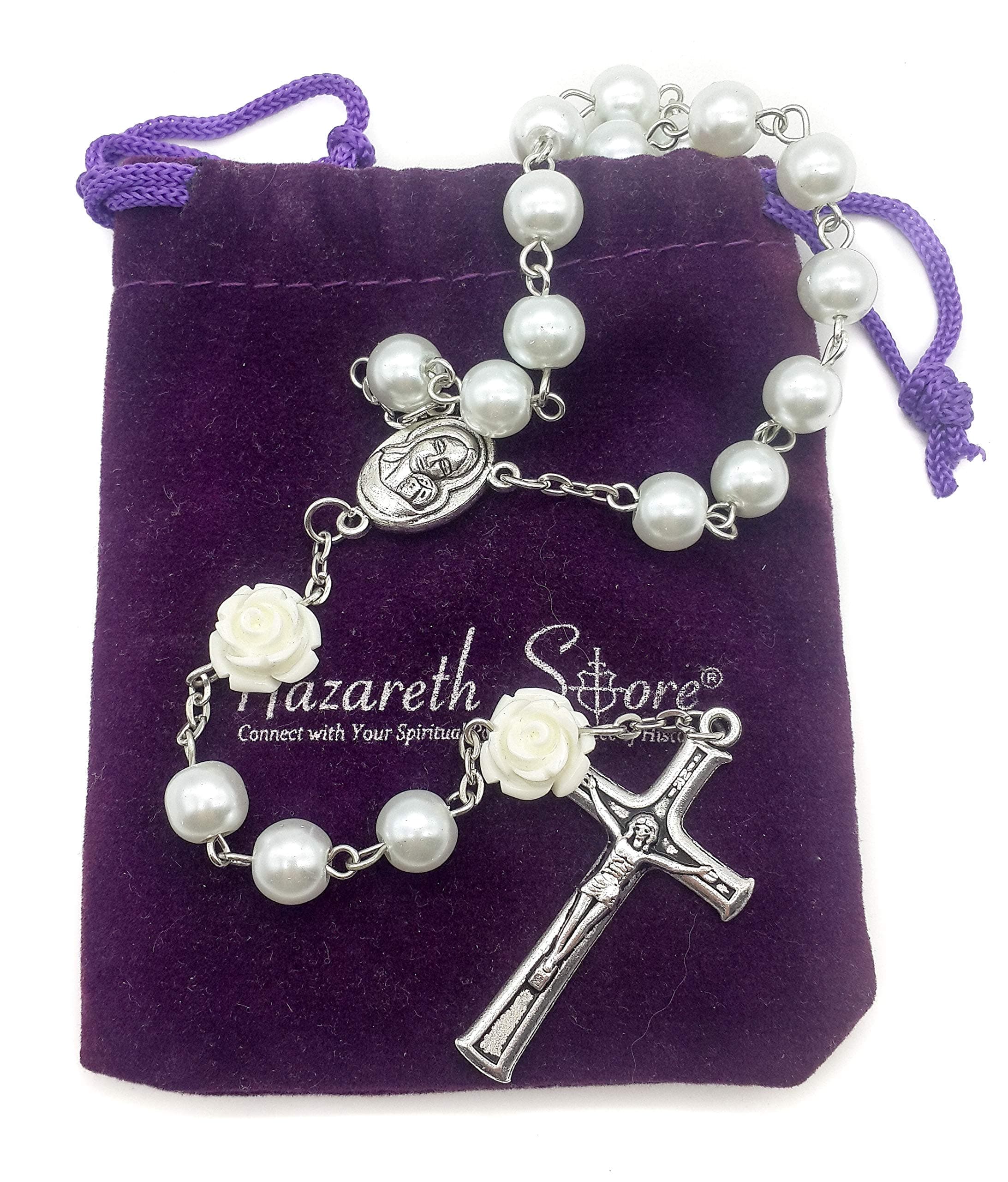 White Pearl Beads Catholic Rosary Roses Mystery Beads Prayer Necklace Our Rose Lourdes Medal and Cross Crucifix