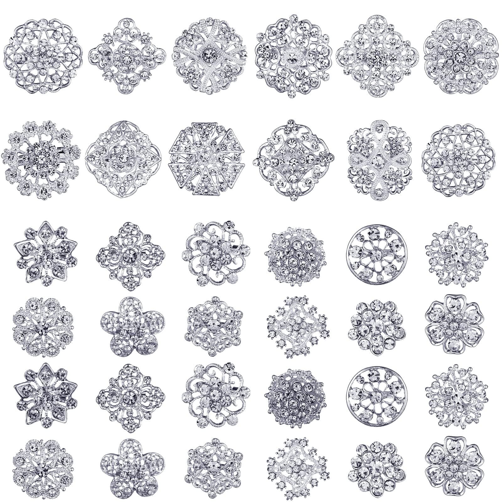 36 Pieces Clear Rhinestone Brooches for Crafts Crystal Flower Brooch Pins with Rhinestones Sliver Bulk Brooches Jewelry for Woman Flower Lapel Badge Pins DIY Wedding Bouquet Broaches Kit
