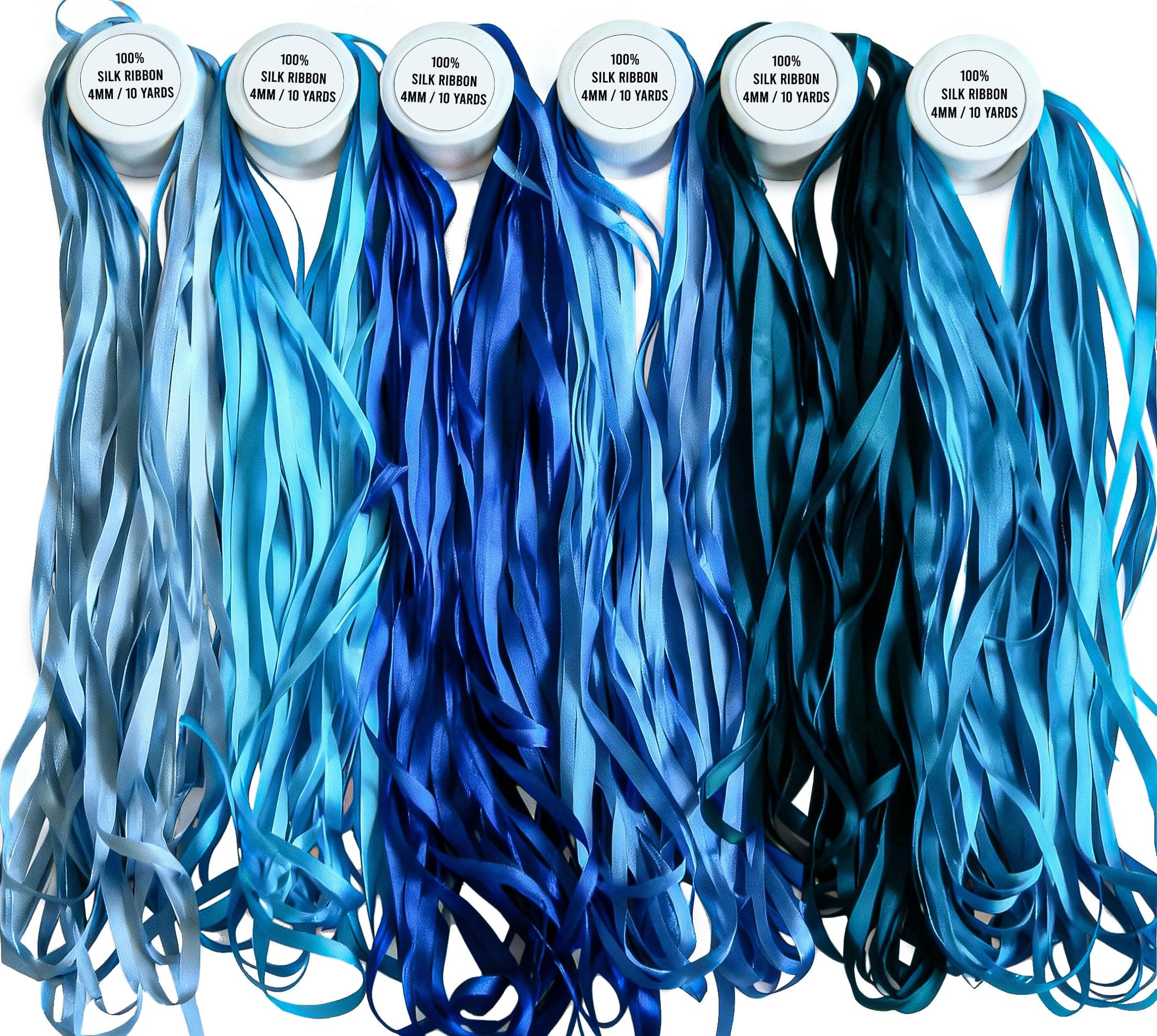 New 6 Spools of 100% Pure Silk Ribbons - Blue Tones - 60 MTS x 4mm