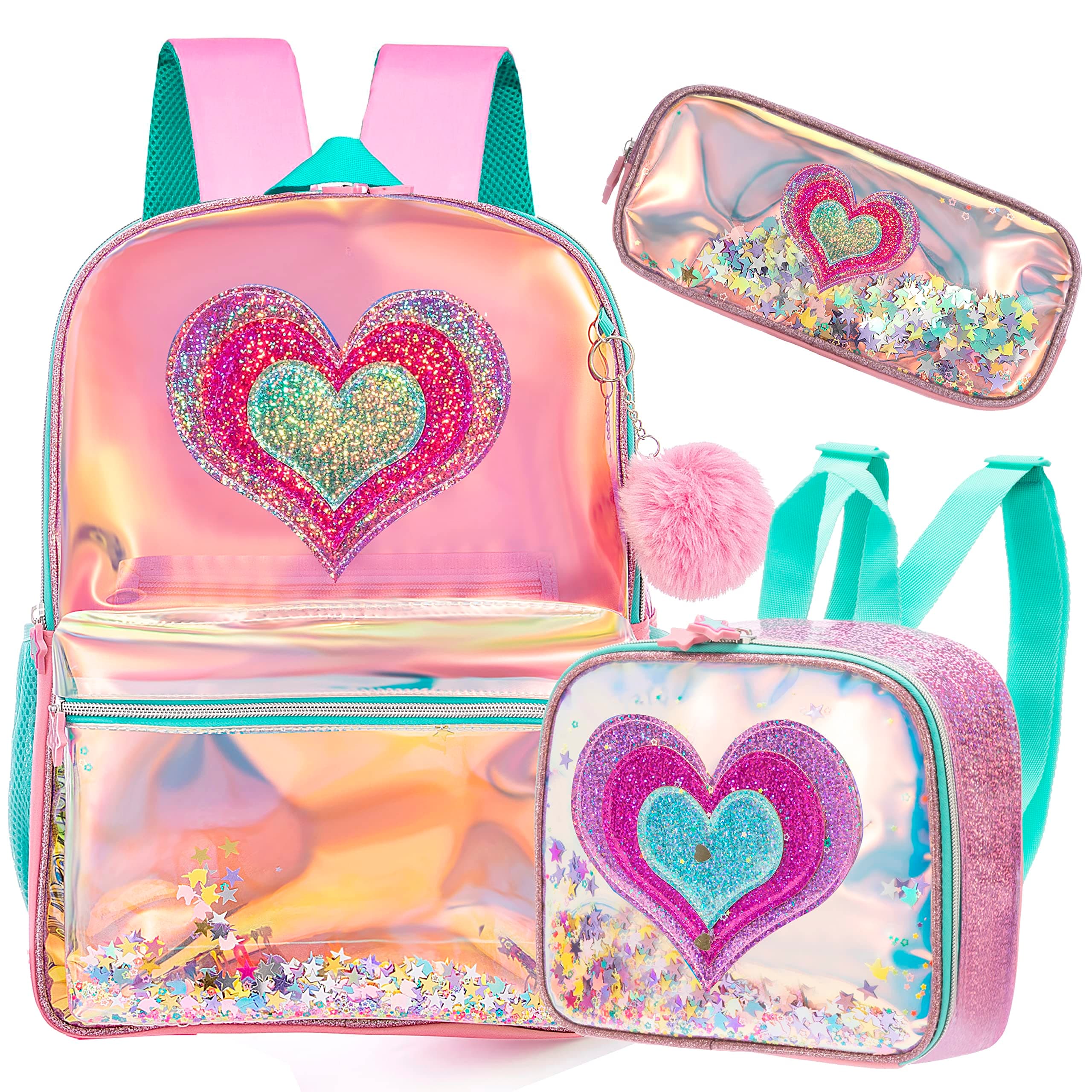 Meetbelify Backpack for Girls School Backpacks Kids Clear Bookbag for Elementary Kindergarten Students Full Size Travel Bag with Lunch Box Pencil Case for Girls 5-12 Years Old