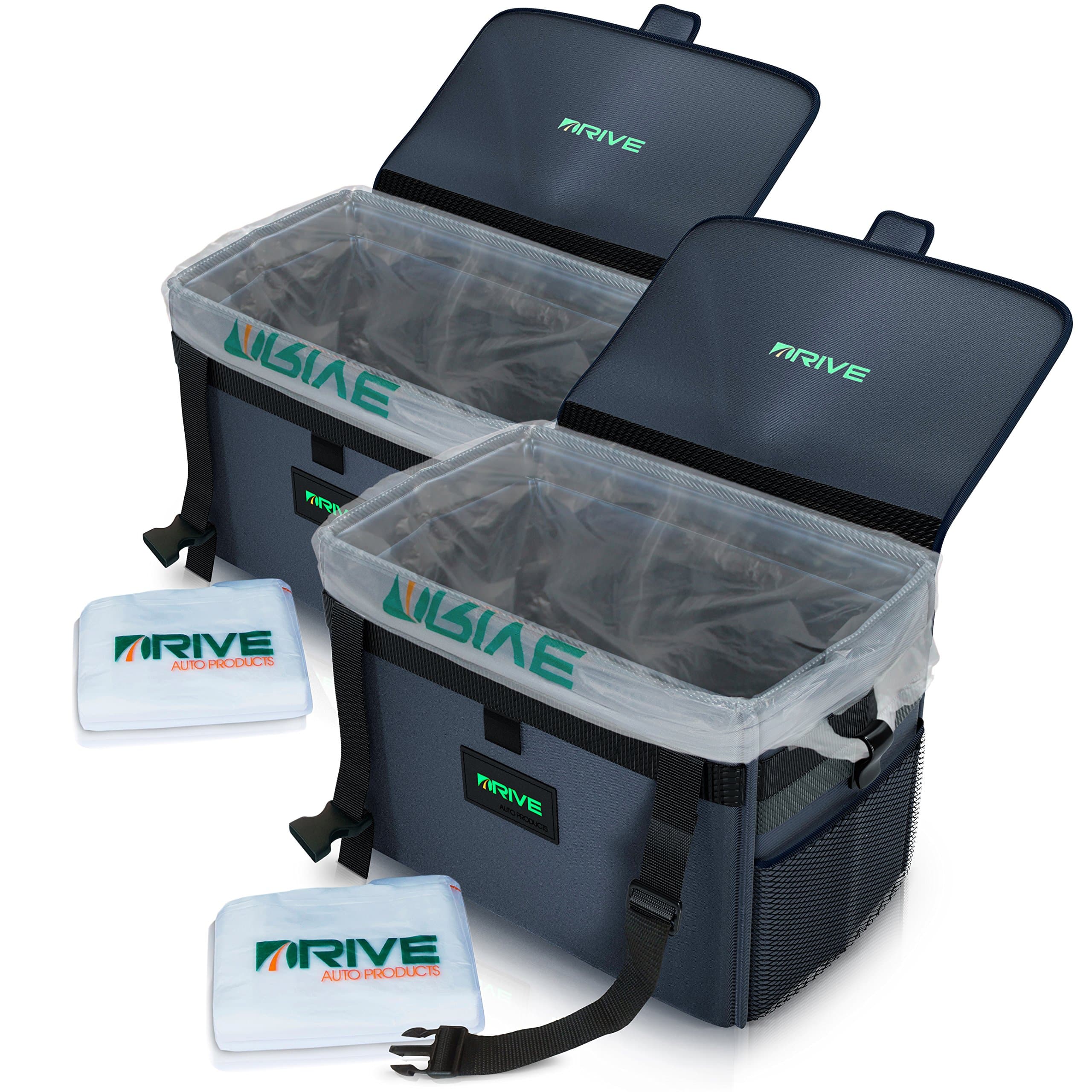 The DRIVE Bin XL (2-Pack), Black Strap - Best Large Car Trash Can for Litter, Takes Grocery Bag Size Disposable Liners, 10-Piece Starter Pack Included! Recycle Auto Garbage Kit is Waterproof, Big Size