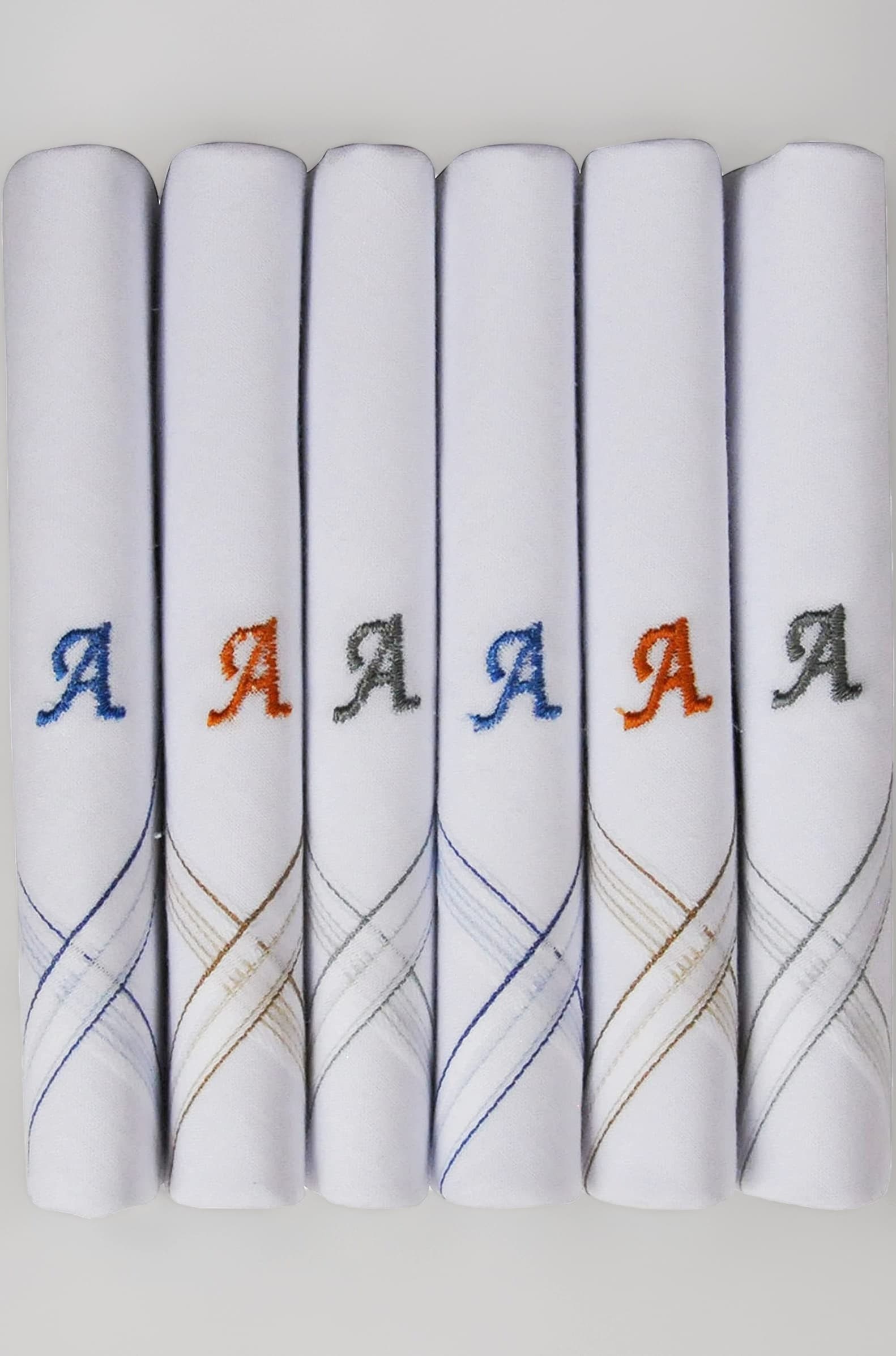 Caruso Italy Men's Initial Monogram (A-Z) Embroidery 100% Pure Cotton Handkerchief White Base With Colored Border - Pack Of 6