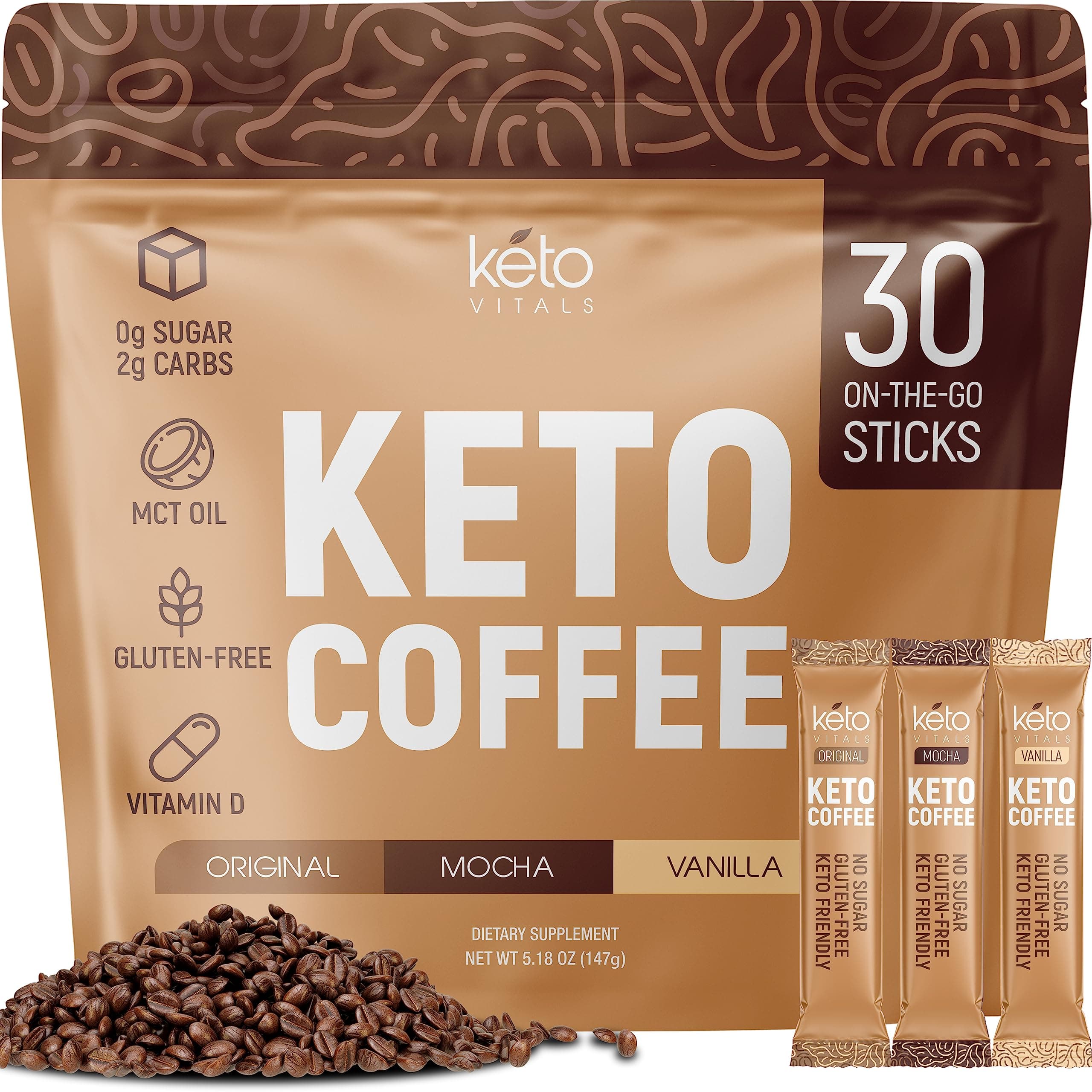 Instant Keto Coffee Powder with MCT Oil & Vitamins - Low-Calories, Low-Carb, No Artificial Sweeteners – Energy & Metabolism Support – 30 Single-Serve Sticks (Original, Vanilla & Mocha)