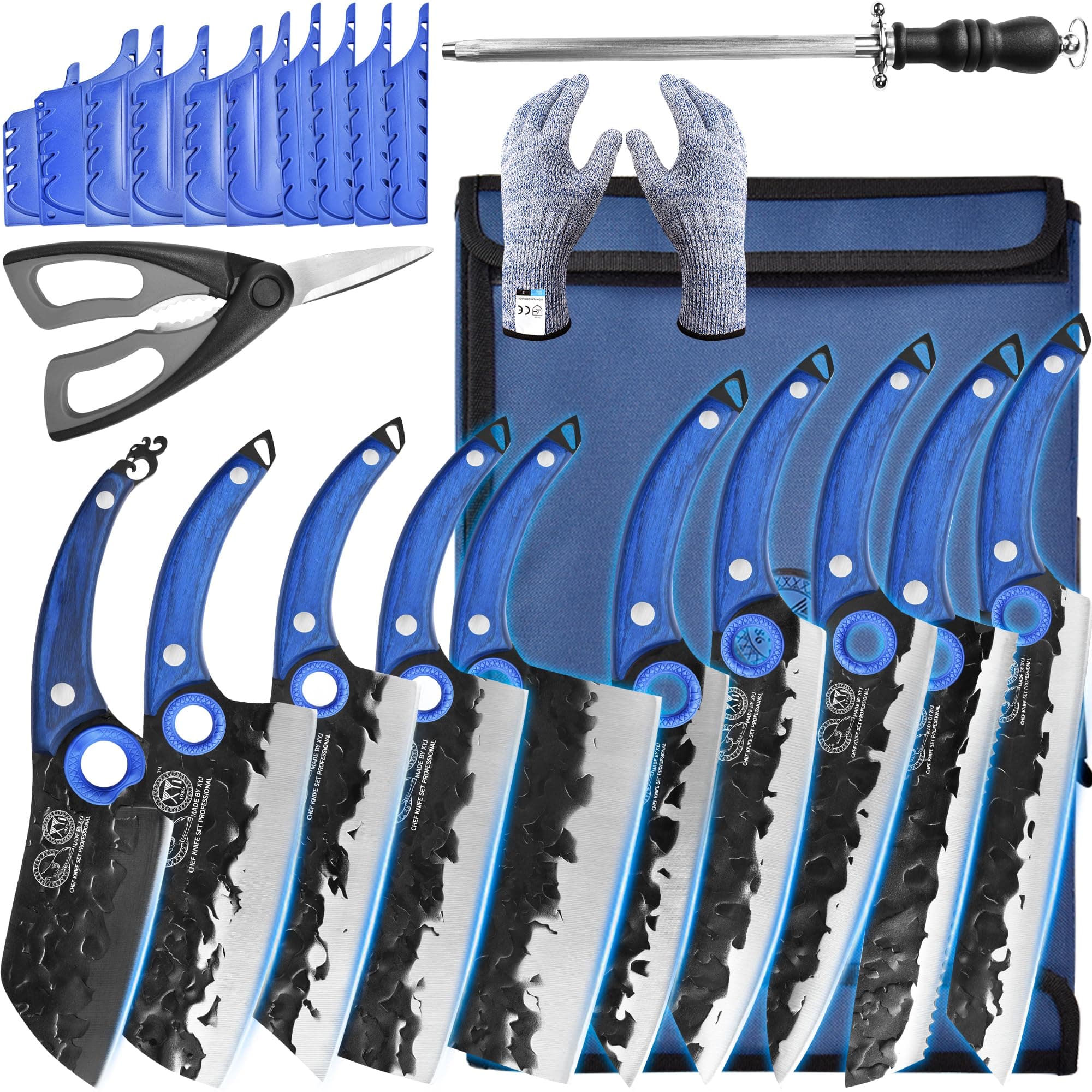 XYJ Professional Kitchen Knife Set with High-Carbon Steel Forged Blades, Chef's Knife, Cleaver, Carving Knife, Nakiri, Full Tang Design, Includes Carrying Bag & Poultry Scissors