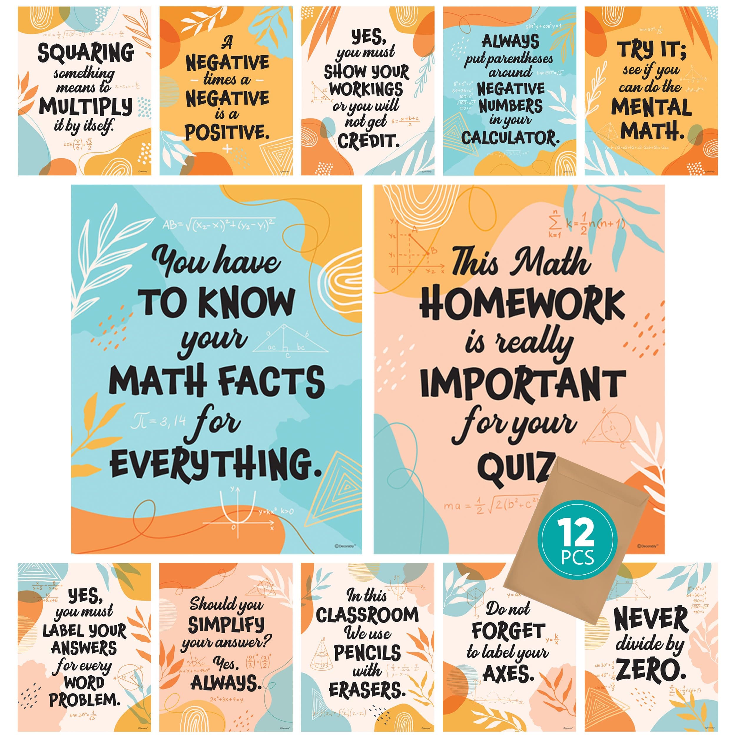 Decorably 12 Math Posters for Middle School - 11x14in High School Math Classroom Decor, Middle School Math Posters for Classroom, Math Posters for High School Classroom, Math Decorations for Classroom