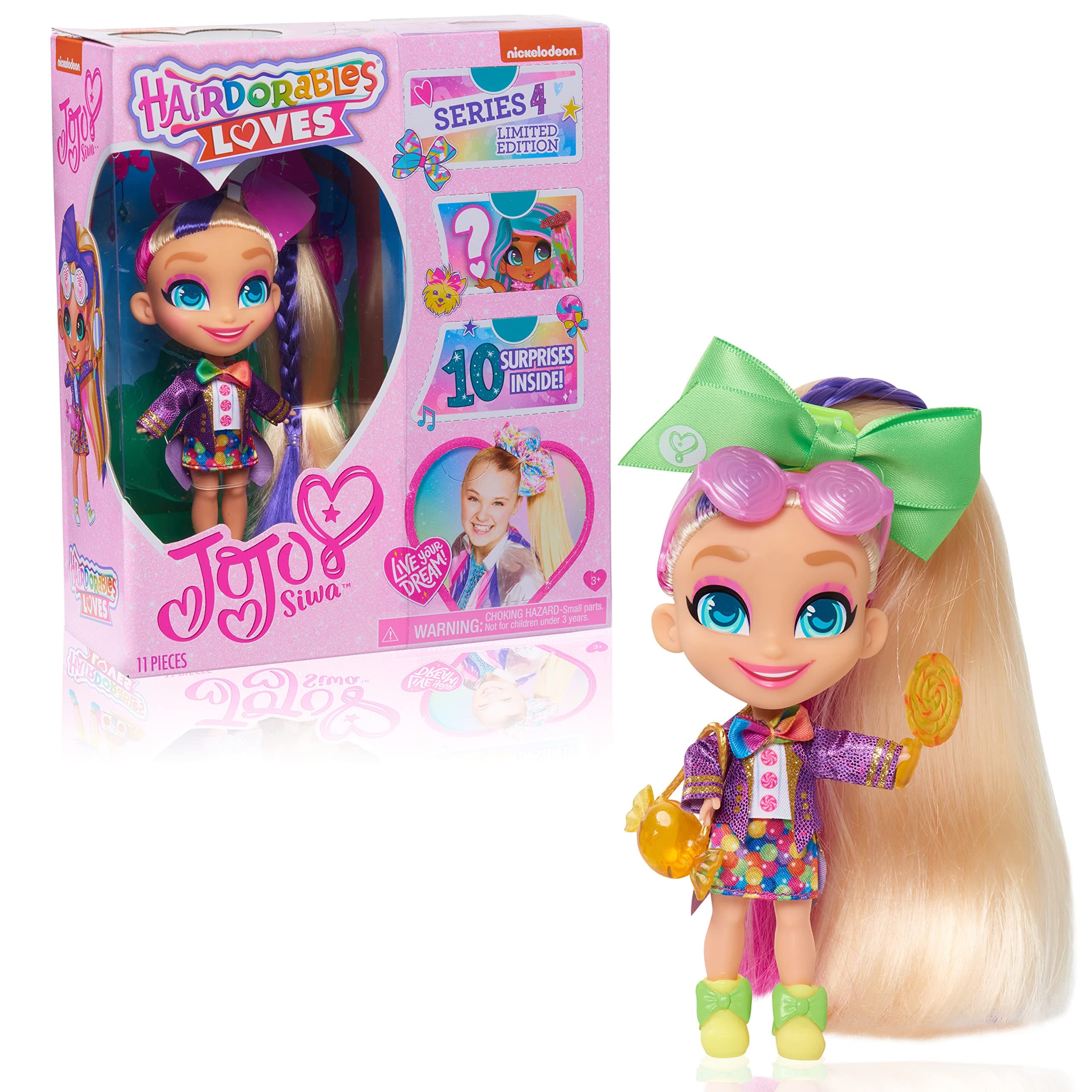 JoJo Siwa Hairdorables Loves JoJo Limited Edition Collectible Doll, Series 4, Candy Time, Includes 10 Surprises, Kids Toys for Ages 3 Up by Just Play