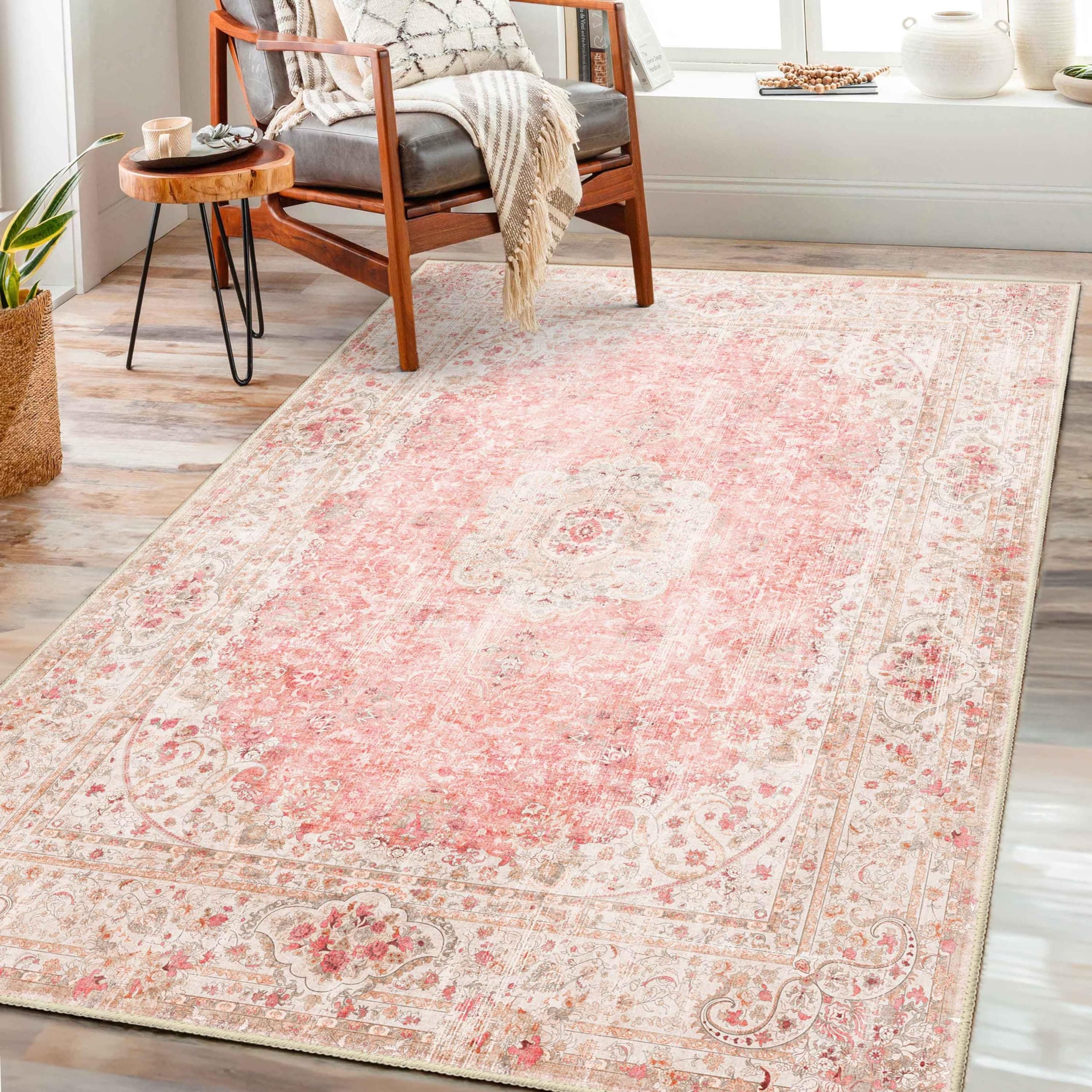 Pink Rug 3x5,Washable Area Rugs for Bedroom Living Room Kitchen Entryway,Small Boho Vintage Bohemian Distressed Non Slip Carpet,Blush