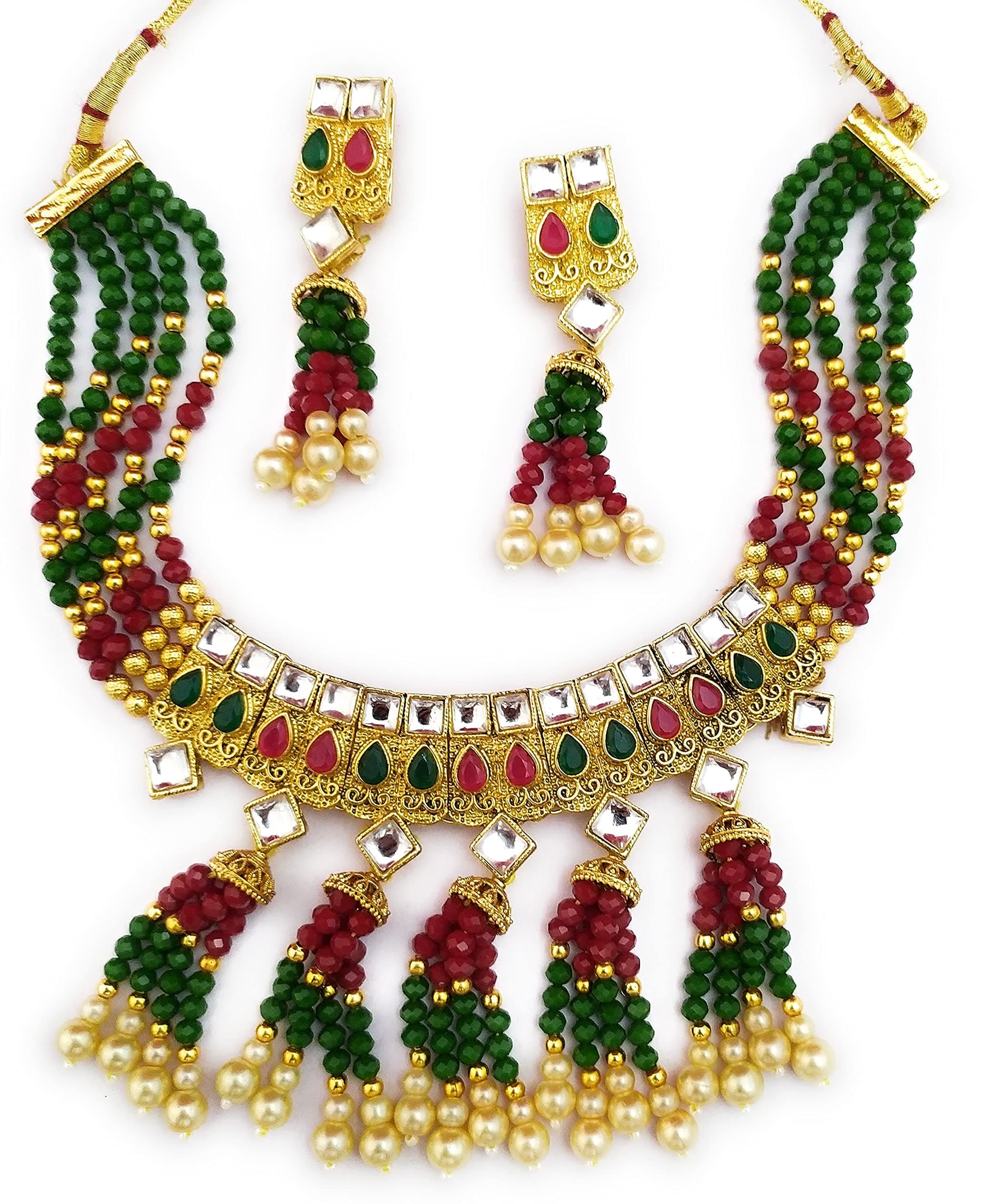 AARNAA Exclusive Gold Plated Wedding Ruby Green Jewellery Kundan Beaded Choker Necklace Set For Women